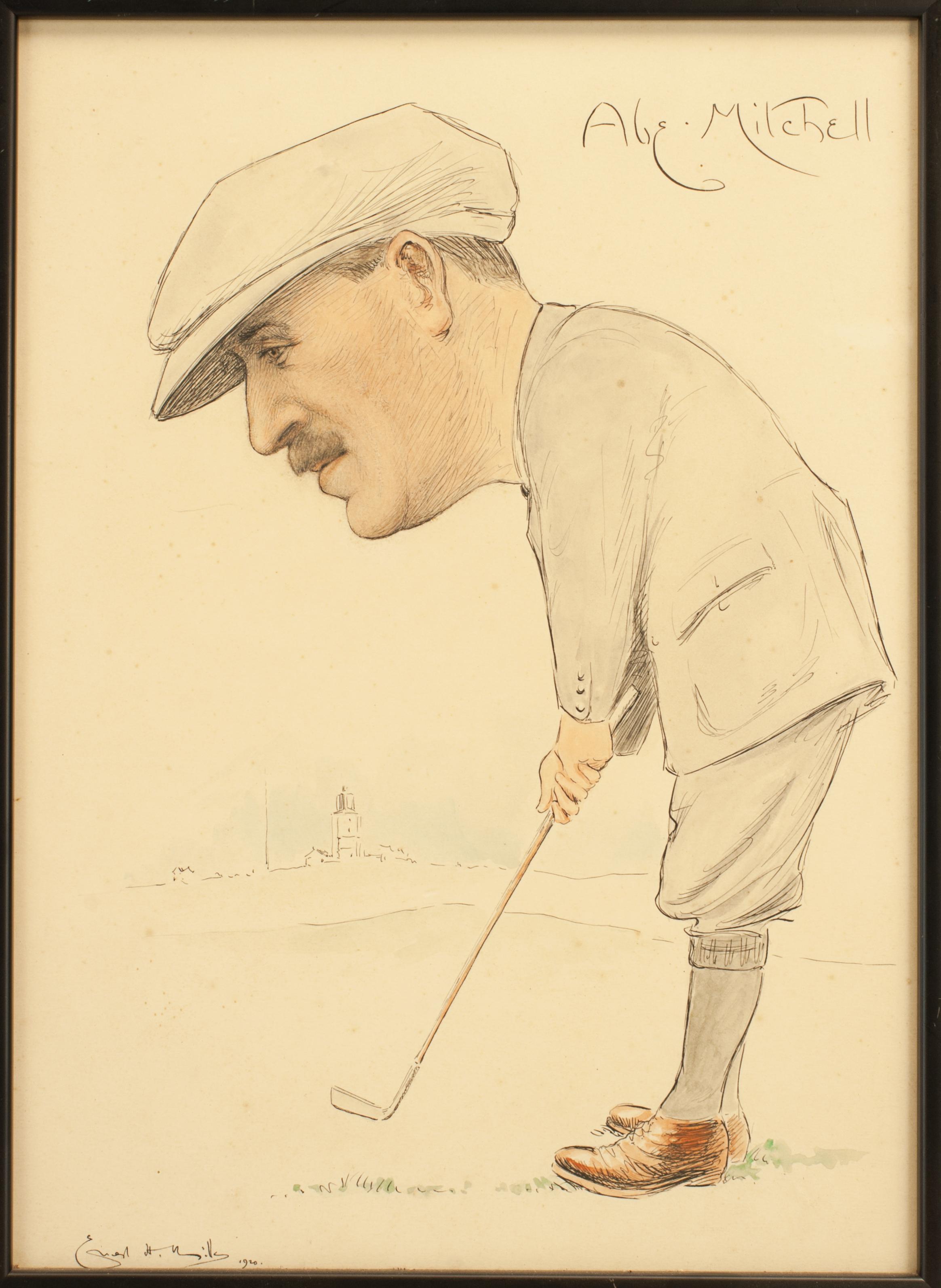 Sporting Art Vintage Golf Picture Of Abe Mitchell, Watercolour Painting. For Sale