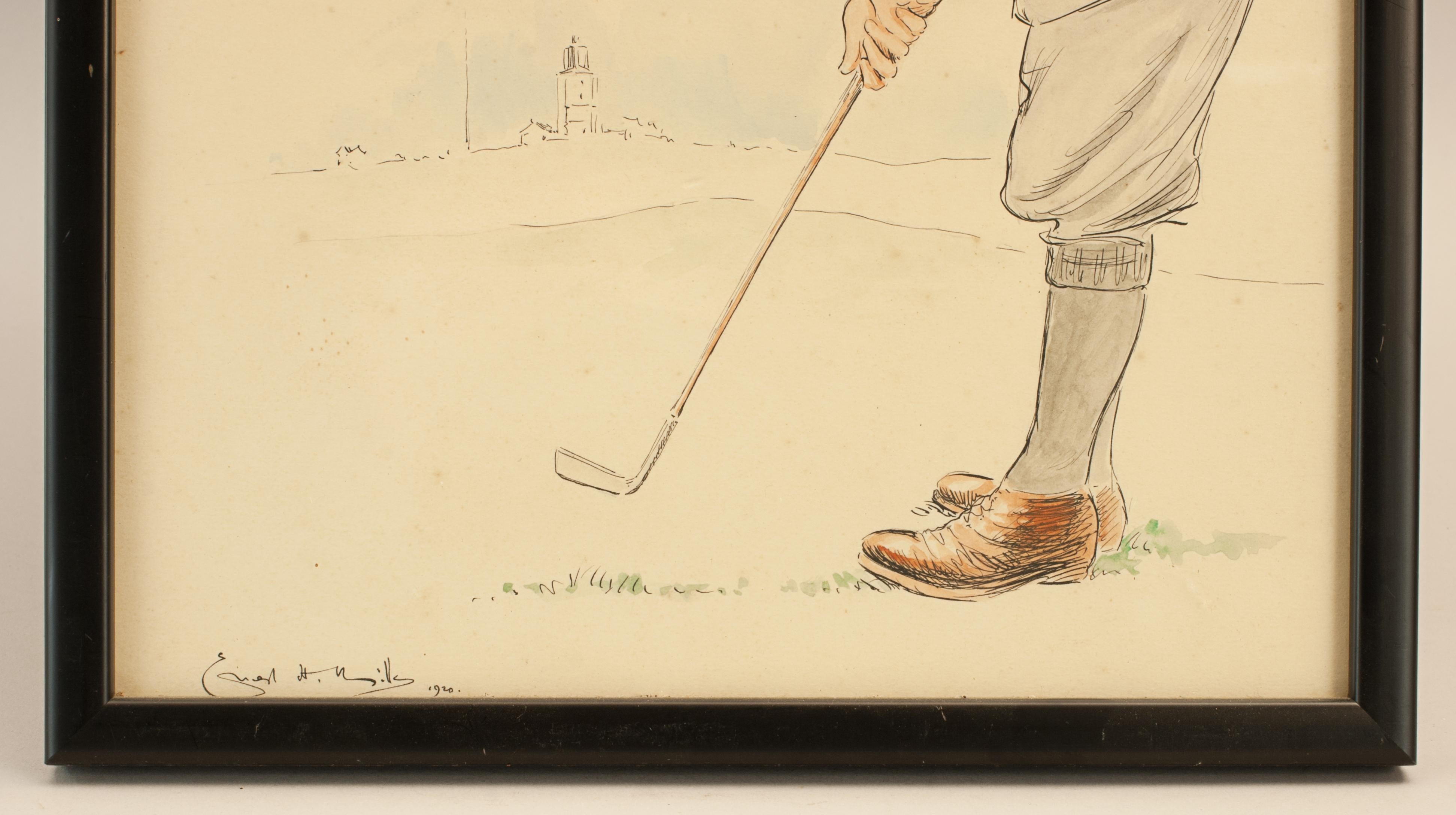 English Vintage Golf Picture Of Abe Mitchell, Watercolour Painting. For Sale