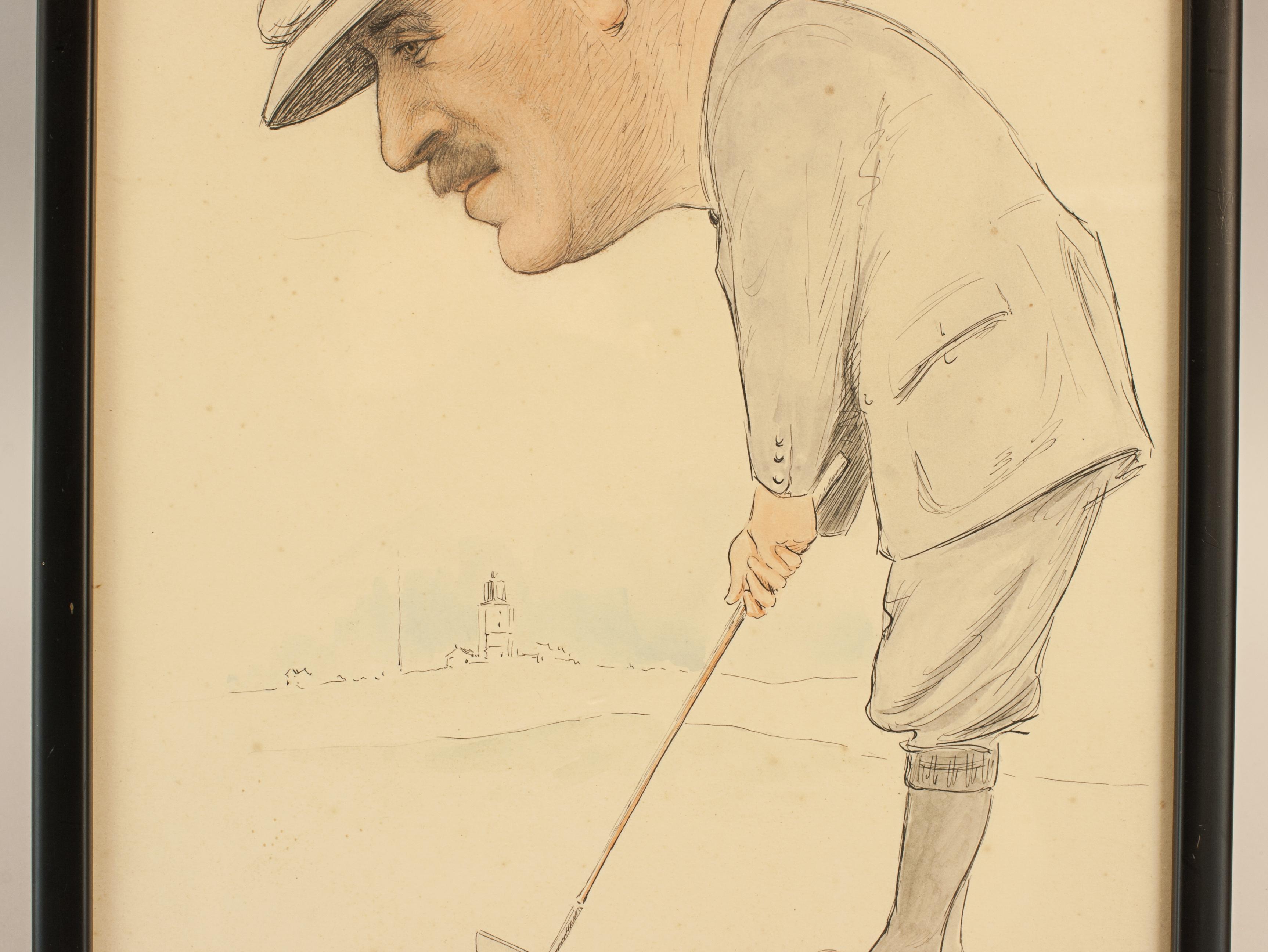 Vintage Golf Picture Of Abe Mitchell, Watercolour Painting. In Good Condition For Sale In Oxfordshire, GB