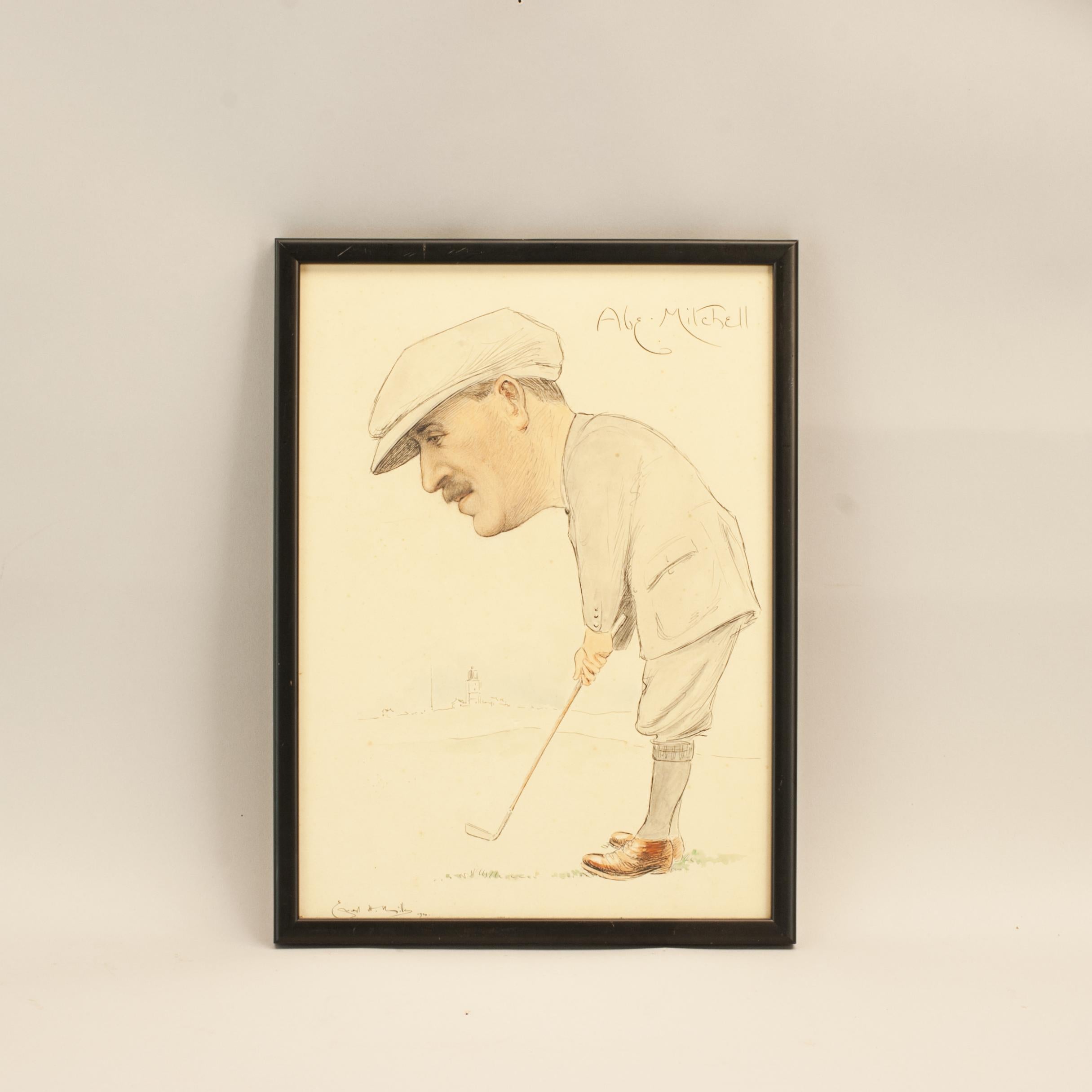 Vintage Golf Picture Of Abe Mitchell, Watercolour Painting. For Sale 1