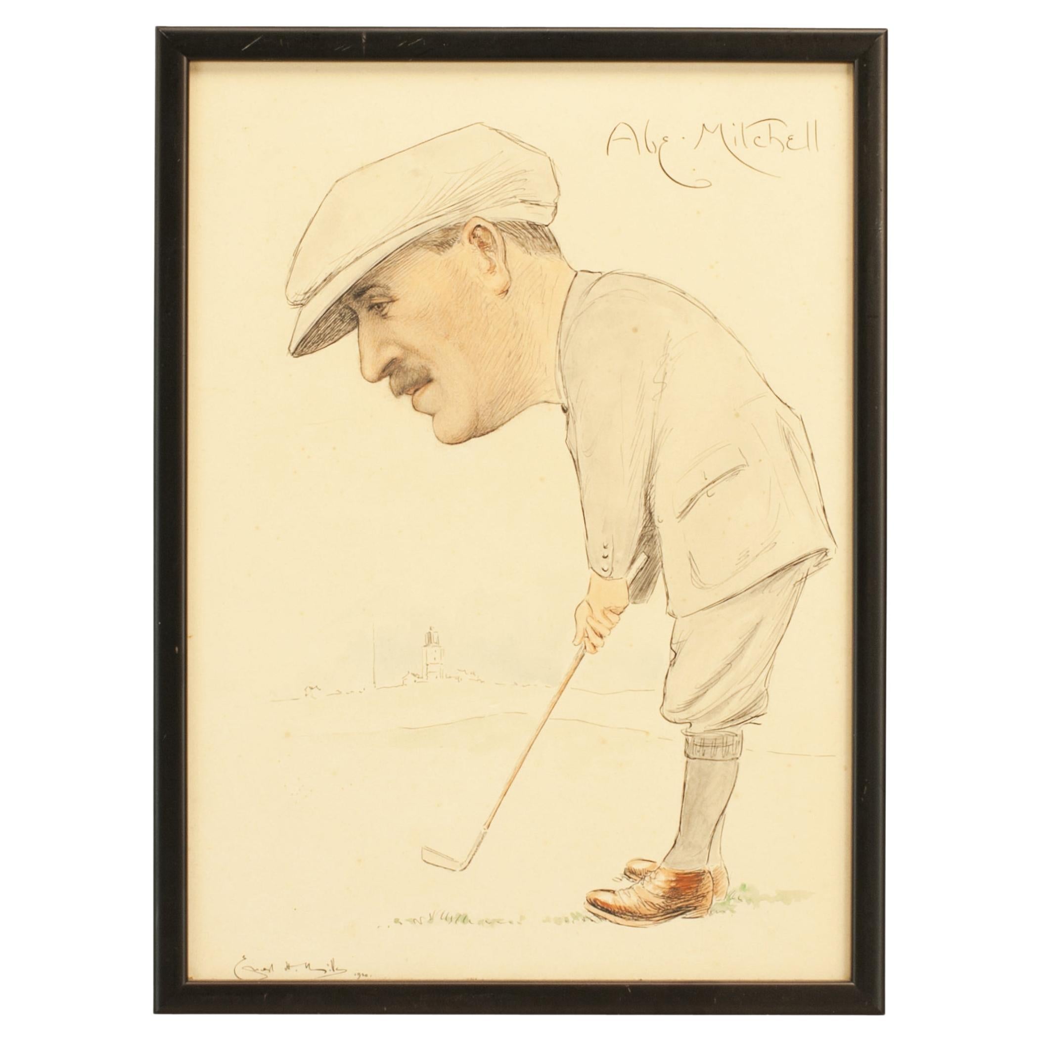 Vintage Golf Picture Of Abe Mitchell, Watercolour Painting. For Sale