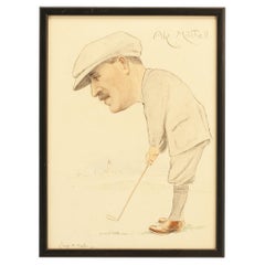 Vintage Golf Picture Of Abe Mitchell, Watercolour Painting.