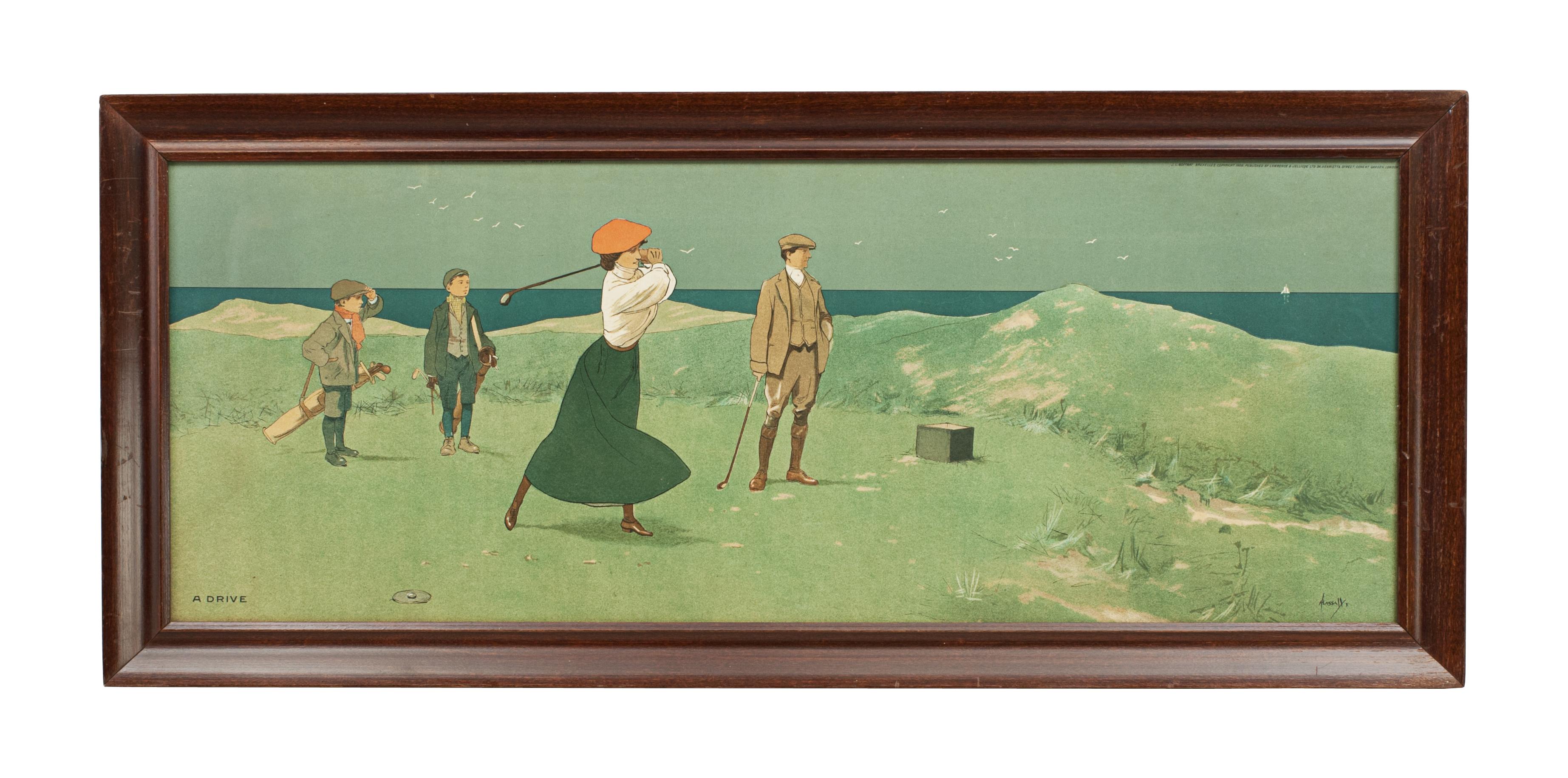 Vintage golf print by John Hassall.
A very nice framed golfing chromolithograph after J. Hassall entitled 'A Drive'. The picture depicts a female golfer on a links course teeing off. She is being watched by her male partner and both caddies.