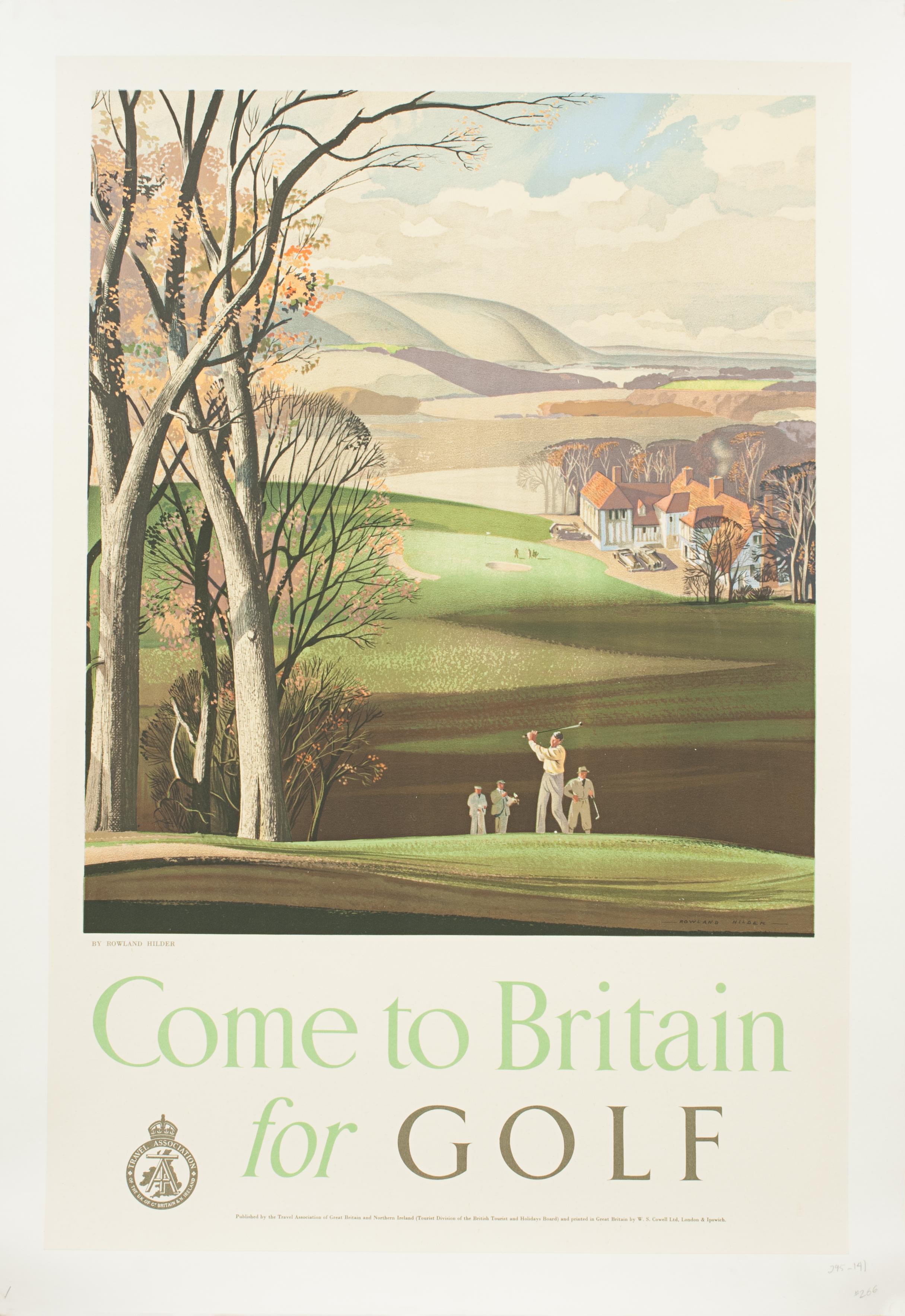 Vintage golfing travel poster, 'Come to Britain for Golf' by Roland Hilder.
A striking golfing poster by Rowland Hilder entitled 'Come to Britain for Golf' relined on linen. The Travel Association of Great Britain and Northern Ireland published the