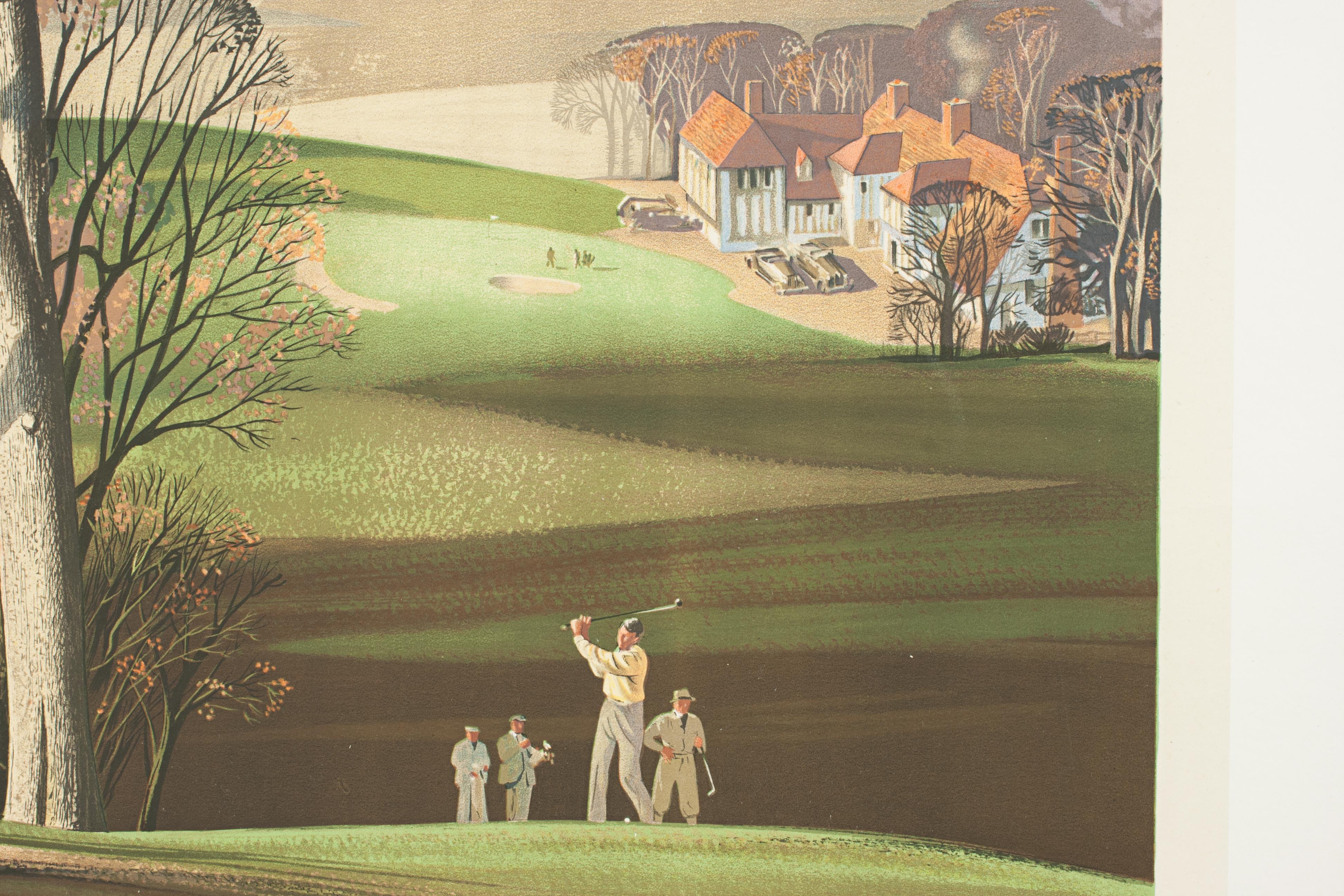 British Vintage Golf Print, Come to Britain for Golf by Roland Hilder For Sale