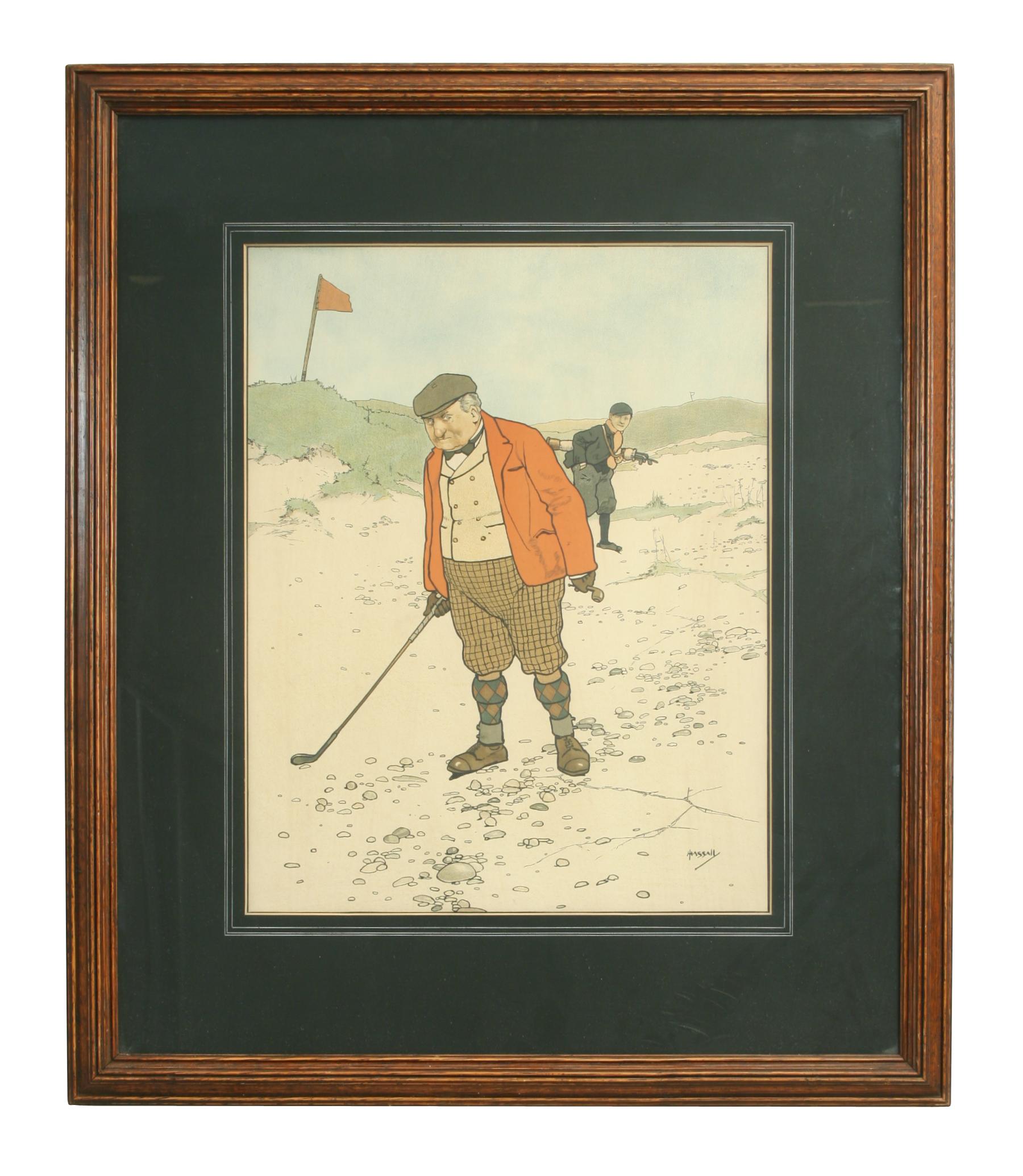 John Hassall golf print 'Lost Ball'.
A very nice golfing chromolithograph after J. Hassall entitled 'Lost Ball'. The colourful golf print is in the original oak frame. The picture depicts a golfer looking for his ball in amongst a load of pebbles,