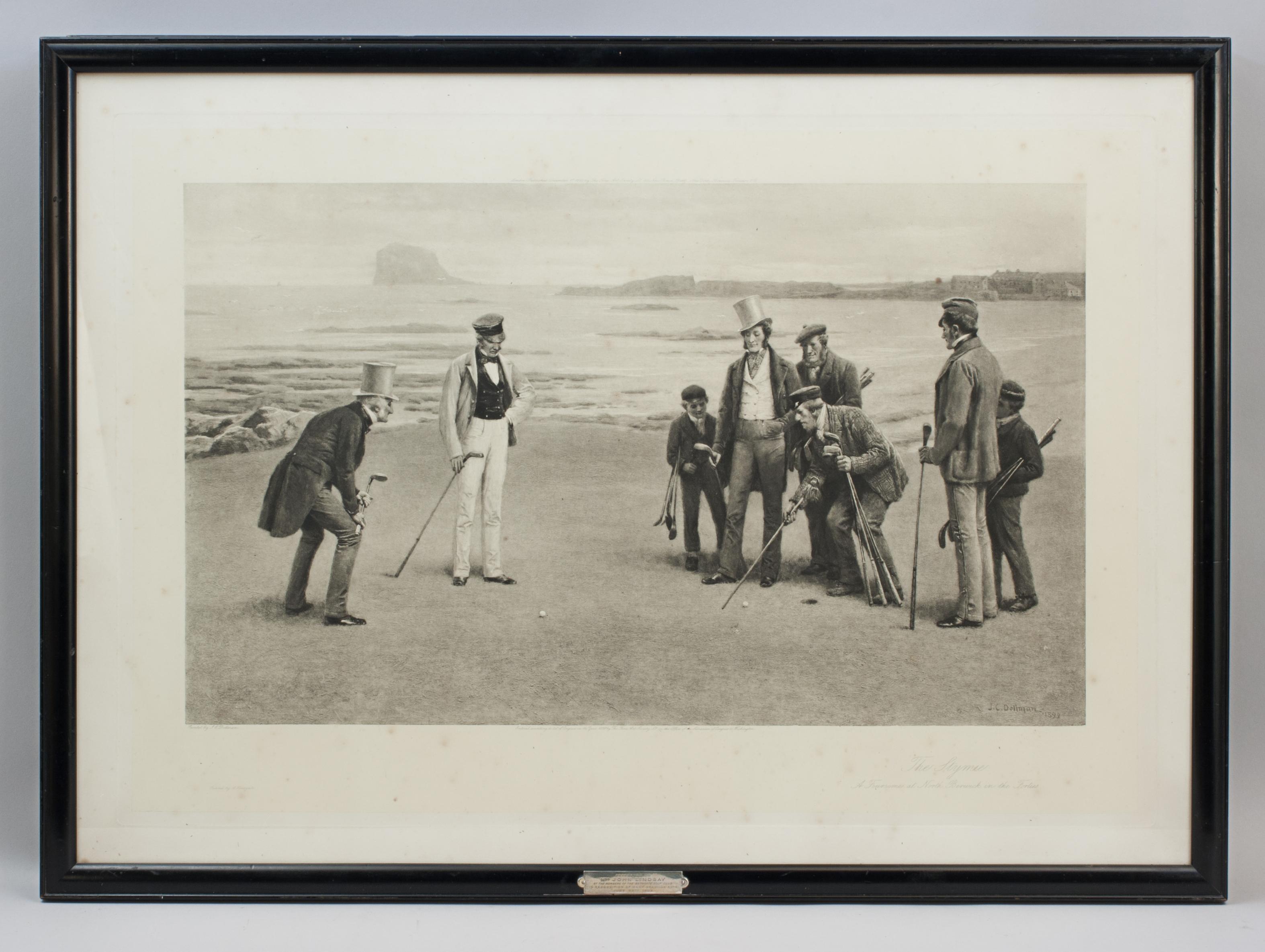 Golf Print, The Stymie, Dollman.
A fine golfing photogravure titled 'The Stymie, A Foursome at North Berwick in the Forties' after J.C Dollman, (John Charles 1851 - 1934). This charming picture of a golf match in progress at North Berwick Golf Club