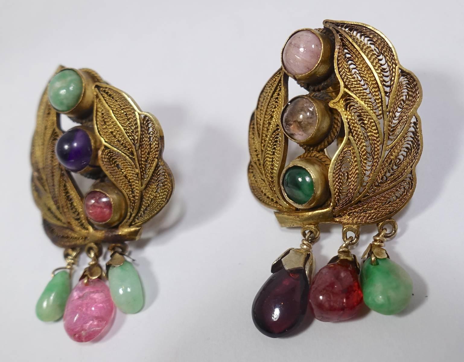 Vintage “Good Luck” All Original Multi-Gemstone Drop Earrings In Excellent Condition In New York, NY