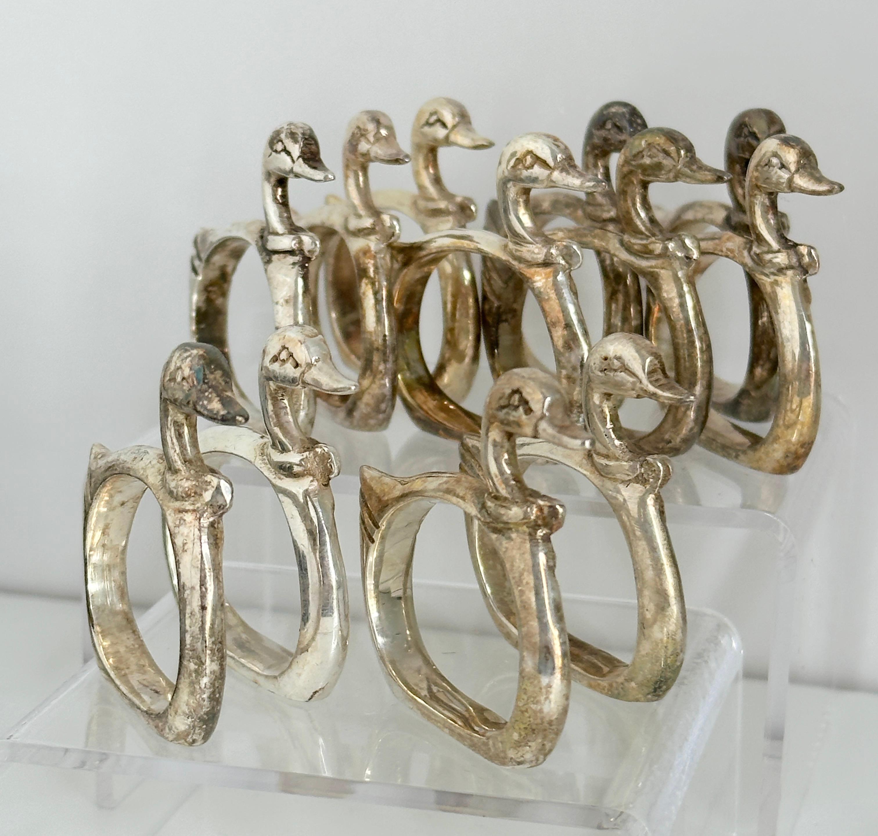 Art Nouveau Vintage Goose Duck Napkin Rings, Set of Twelve, Germany 1960s For Sale