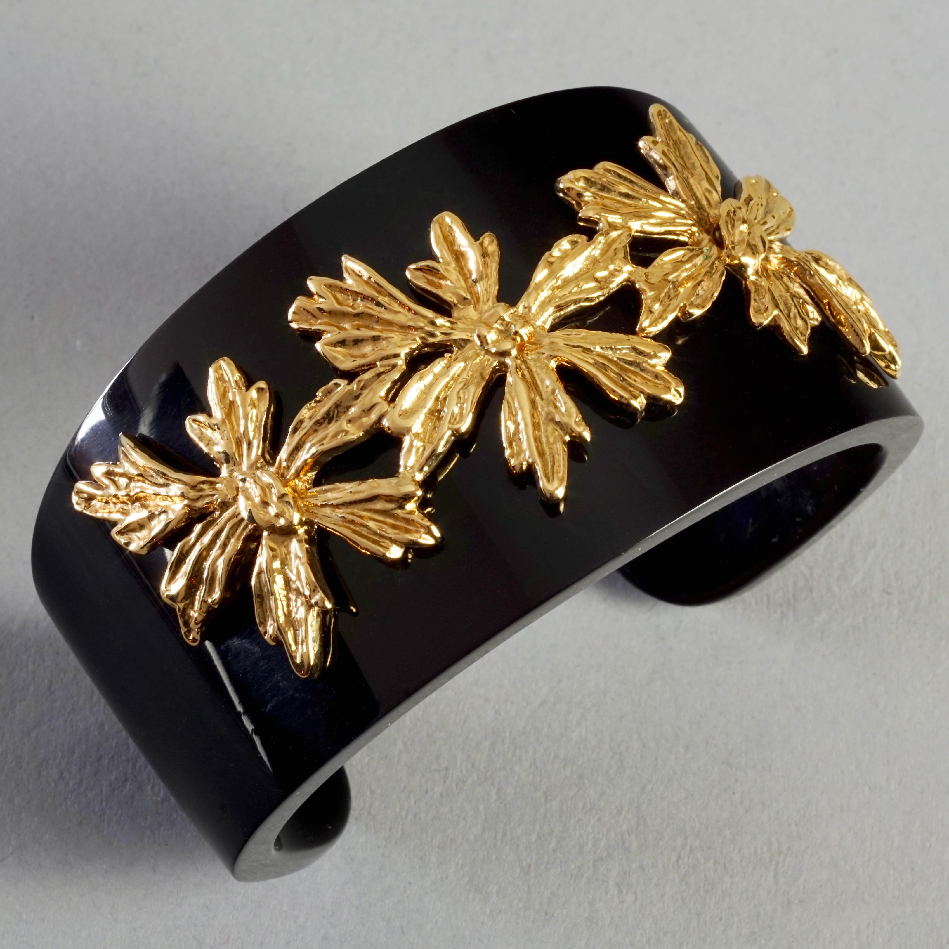 Women's Vintage GOOSSENS PARIS Gilt Flower Overlay Black Acrylic Cuff Bracelet For Sale