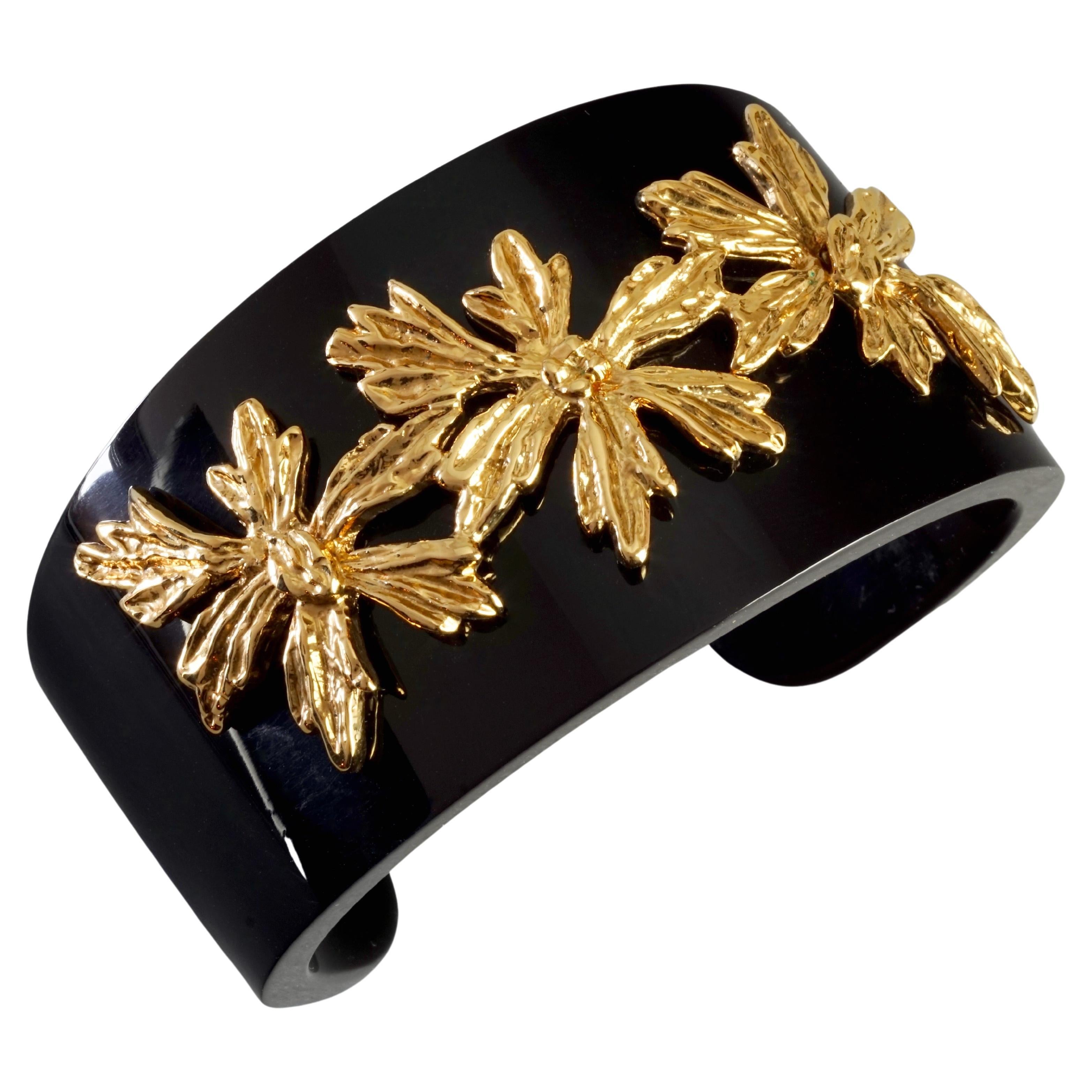 Vintage GOOSSENS PARIS Gilt Flower Overlay Black Acrylic Cuff Bracelet