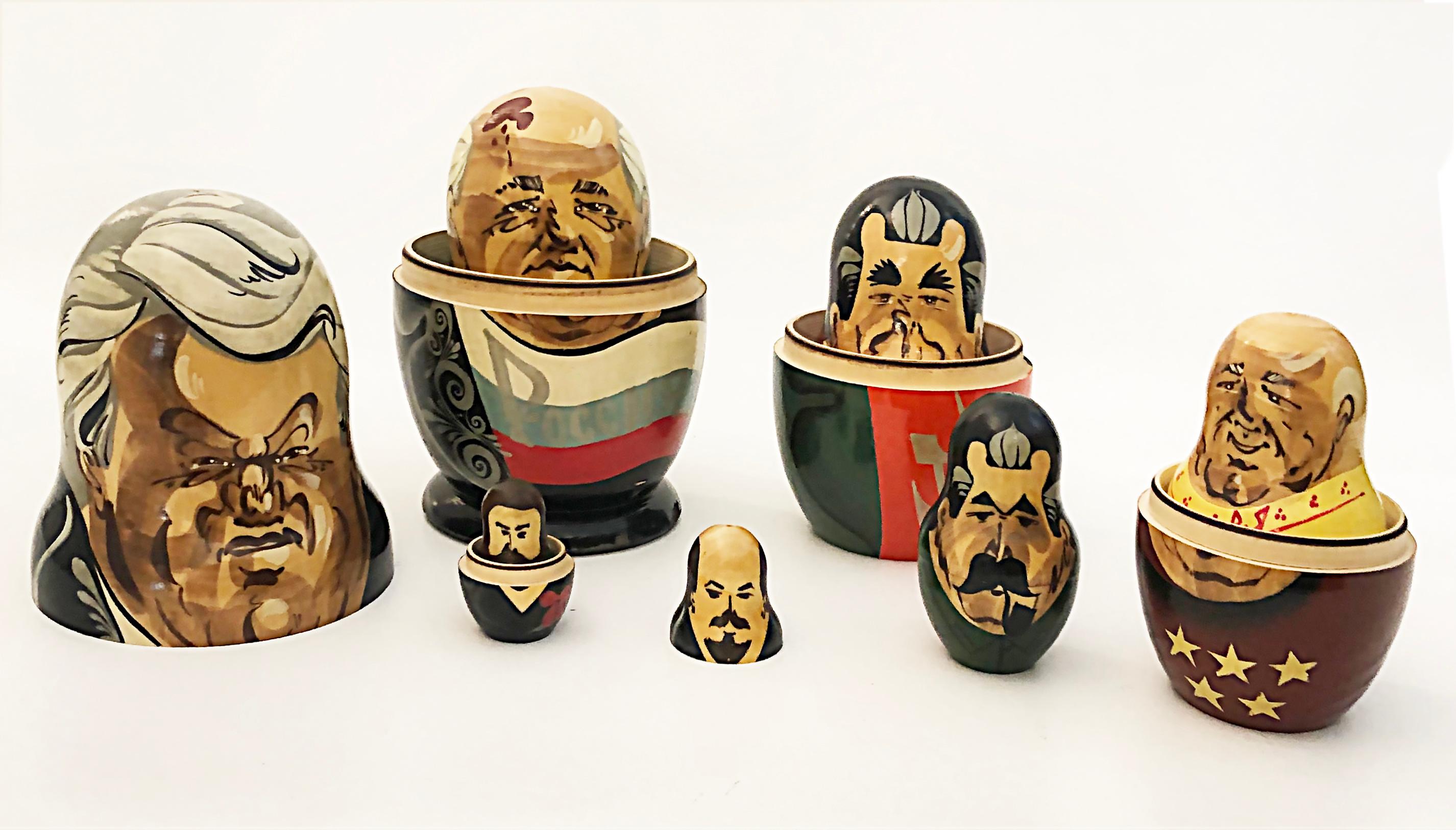 Vintage Gorbachev Hand-painted Russian Nesting 7 Doll Set, Late 20th Century

Offered for sale is a set of late 20th-century Russian nesting dolls that stack inside one another with the largest exterior doll being of Gorbachev. There are 7