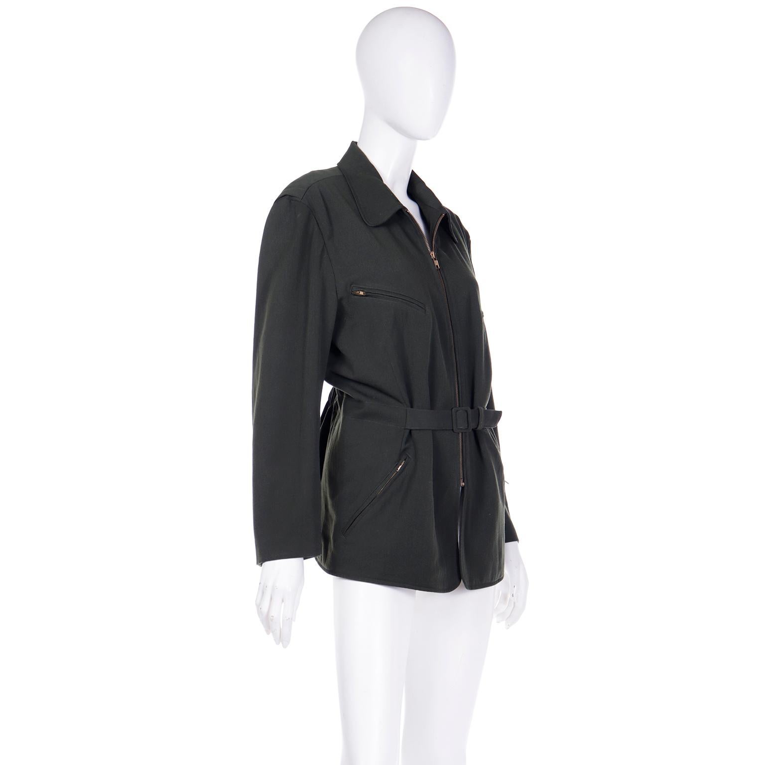Black Vintage Gordon Henderson Zip Front Green Wool Jacket w Belt For Sale