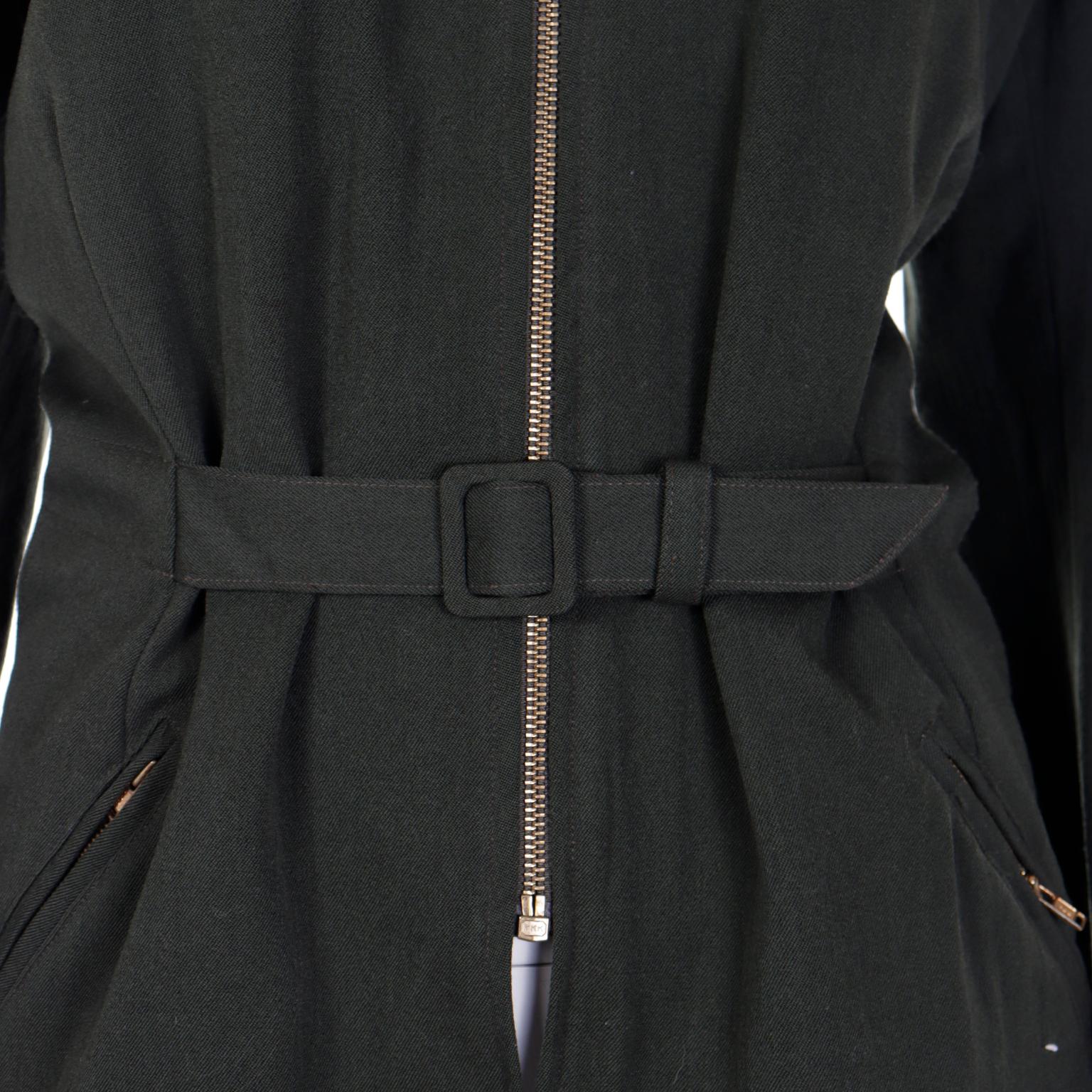 Vintage Gordon Henderson Zip Front Green Wool Jacket w Belt For Sale 1