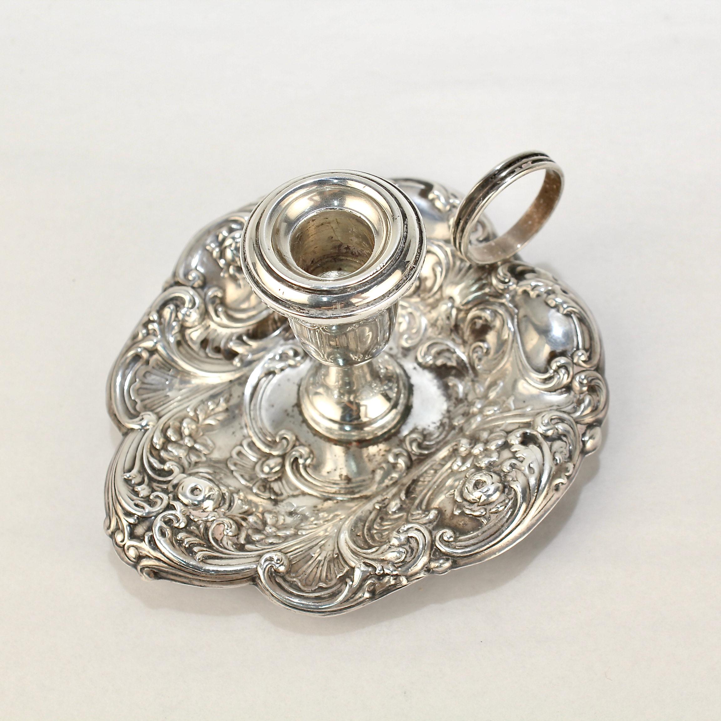 Vintage Gorham Sterling Silver Heart Shaped Repousse Chamberstick or Candlestick In Good Condition In Philadelphia, PA