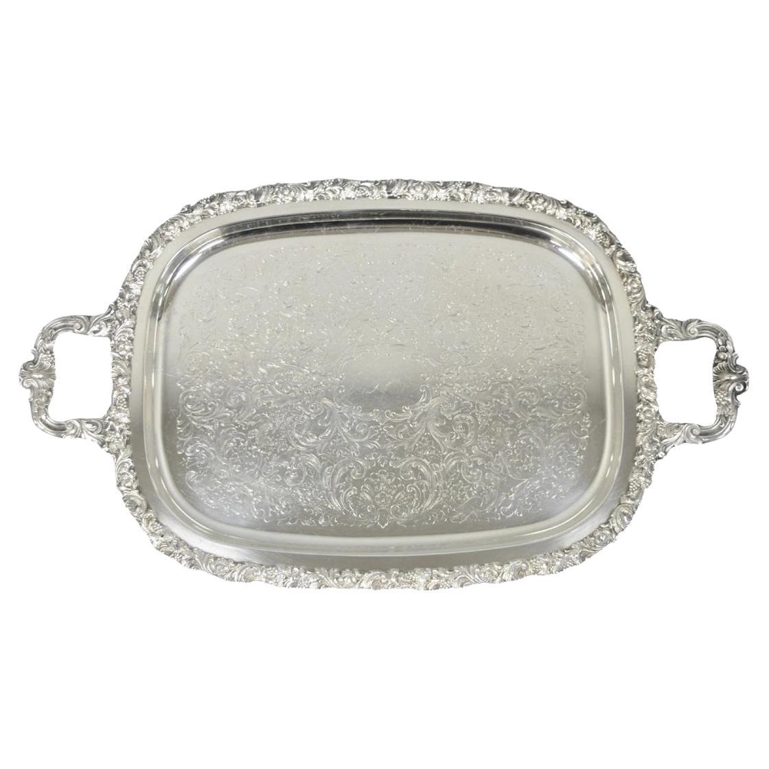 Vintage Gorham YC1466 Silver Plated Floral Repousse Bar Serving Tray w Handles (Plateau de service avec poignées)