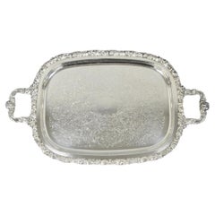 Vintage Gorham YC1466 Silver Plated Floral Repousse Bar Serving Tray w Handles