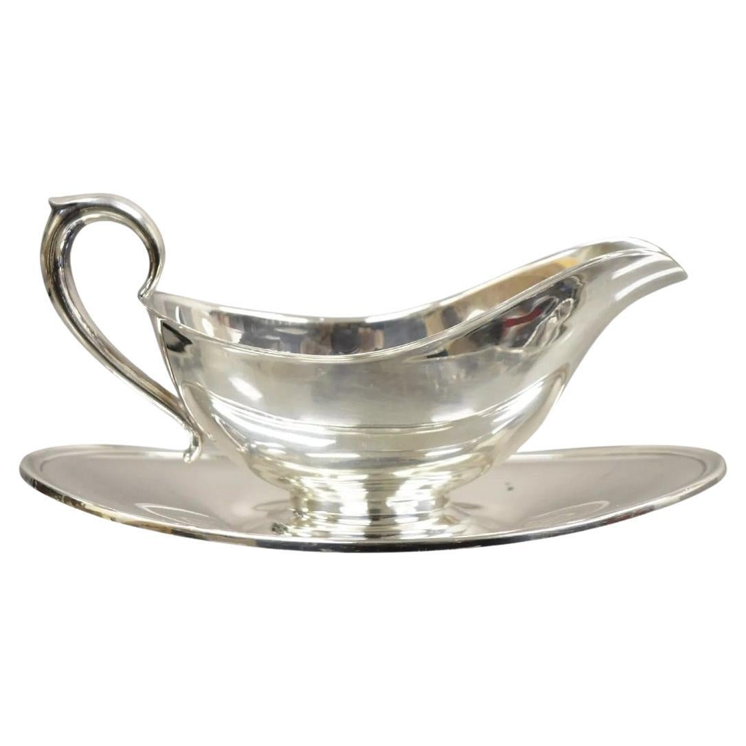 Vintage Gorham YC430 Silver Plated Victorian Gravy Boat avec sous-assiette attachée