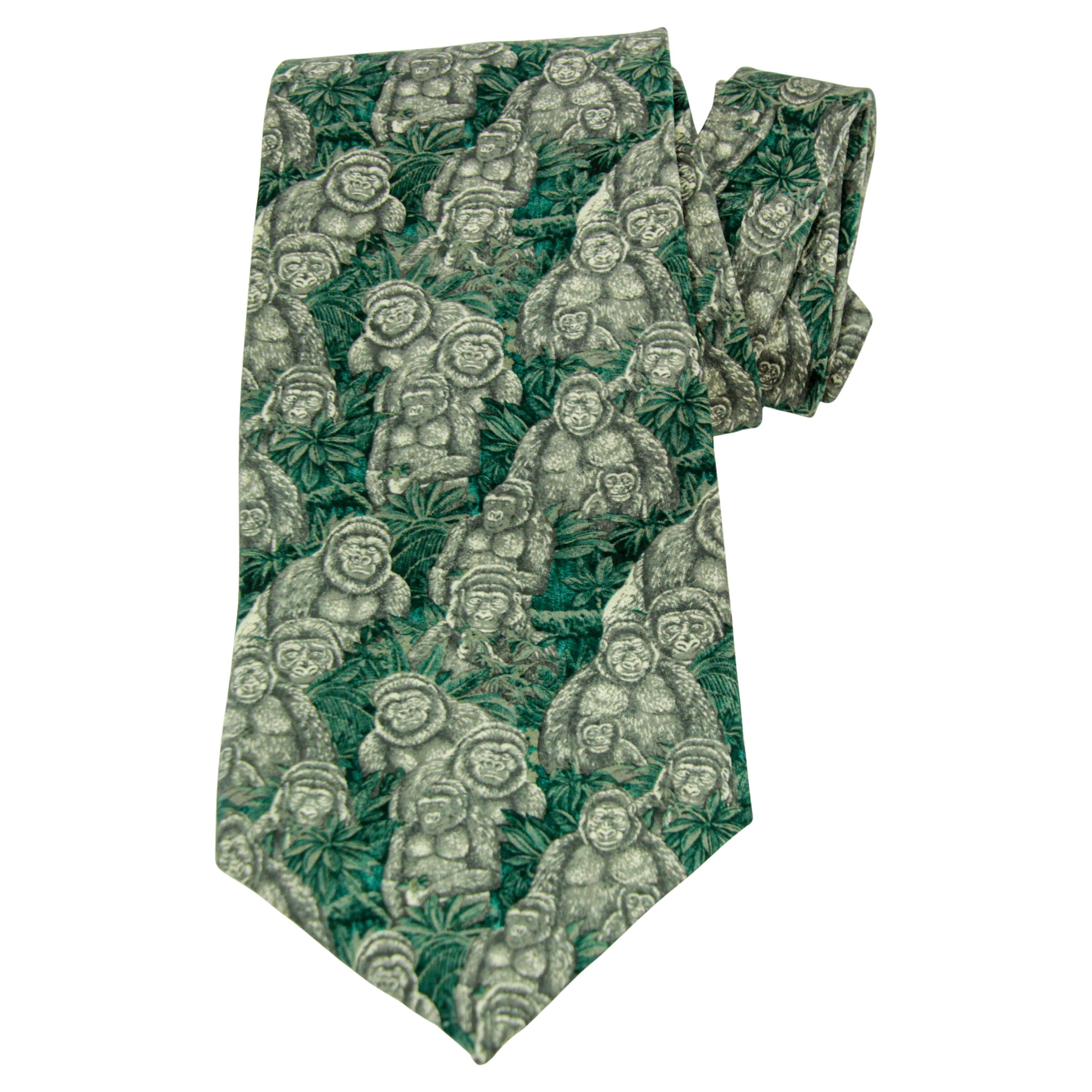 Cravate vintage en soie pour hommes, Gorilles, espèces en voie de disparition, couleur verte 1990