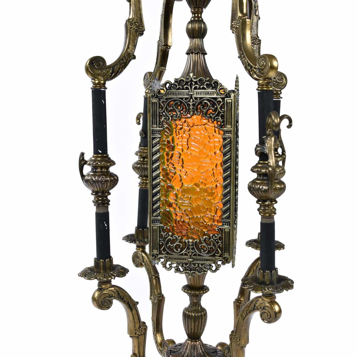 Vintage Gothic Baroque Metal Table Lamp with Orange and Green Stained Glass 1