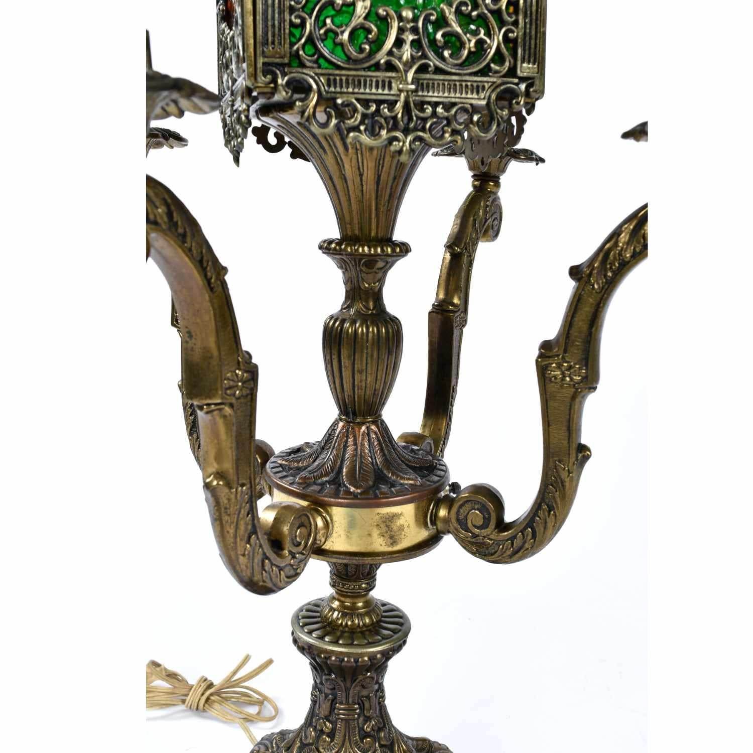 Vintage Gothic Baroque Metal Table Lamp with Orange and Green Stained Glass 2