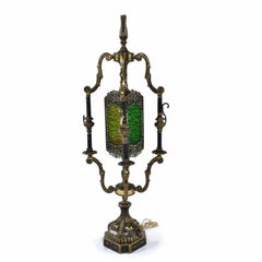 Vintage Gothic Baroque Metal Table Lamp with Orange and Green Stained Glass