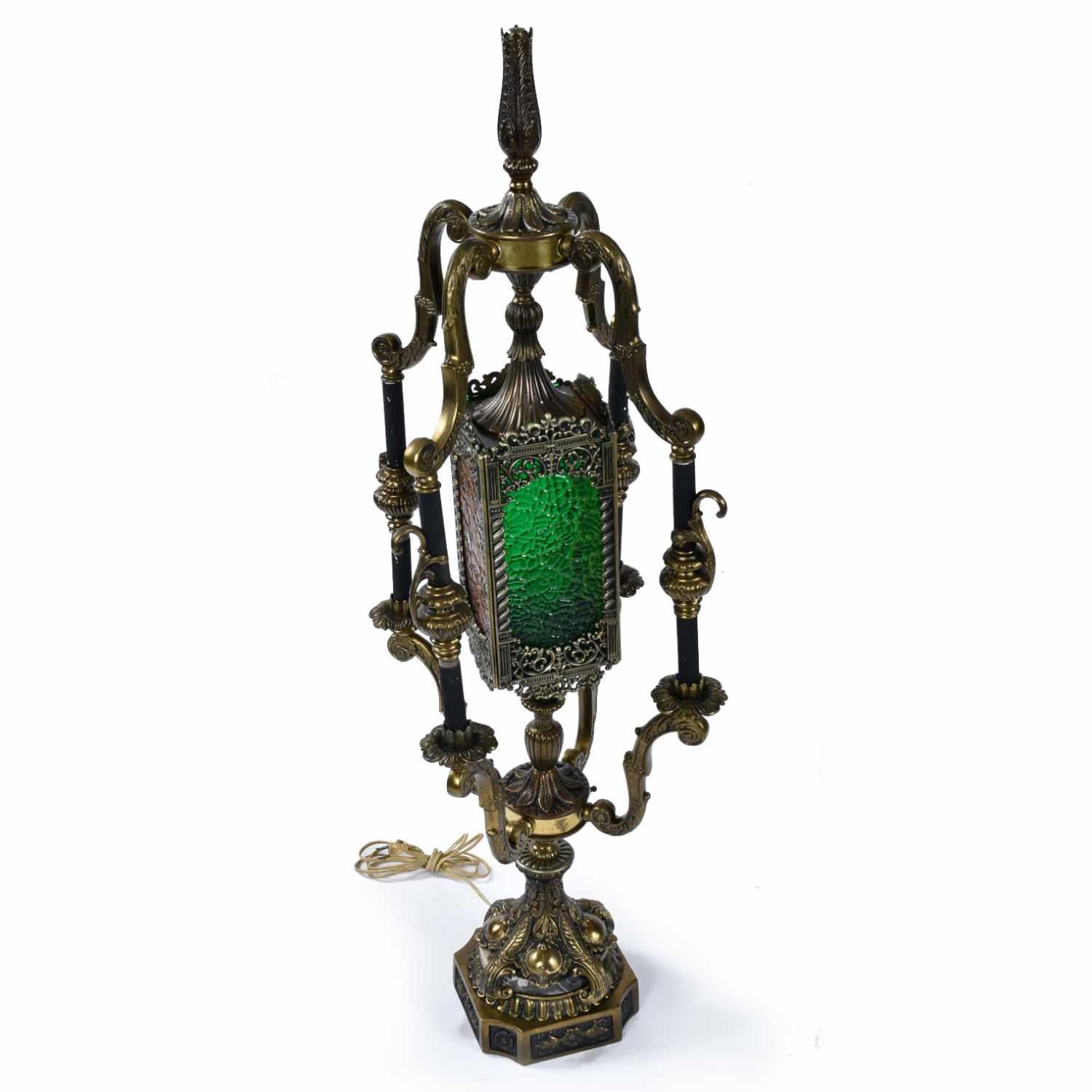 Gothic Revival Vintage Gothic Baroque Metal Table Lamp with Orange and Green Stained Glass