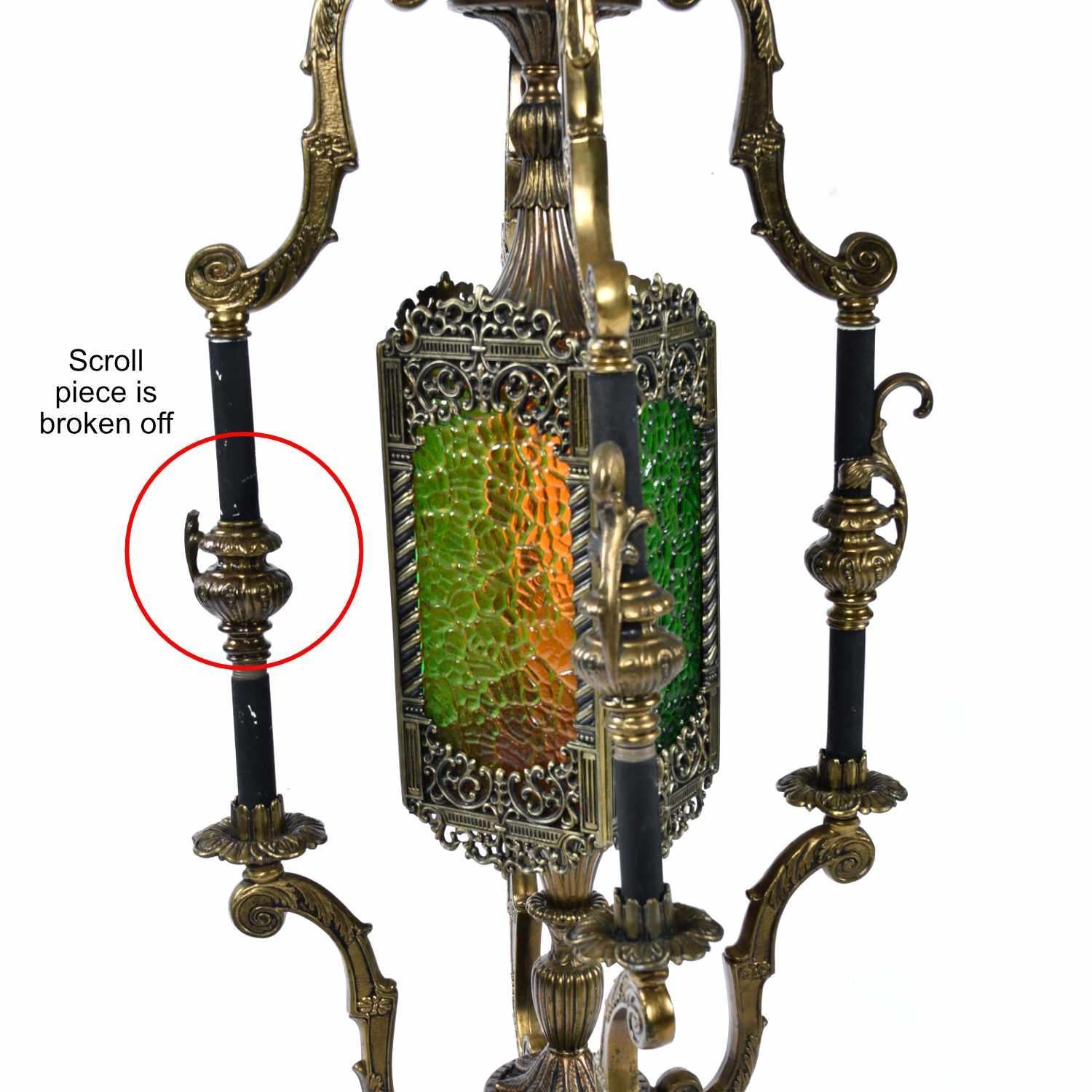 American Vintage Gothic Baroque Metal Table Lamp with Orange and Green Stained Glass
