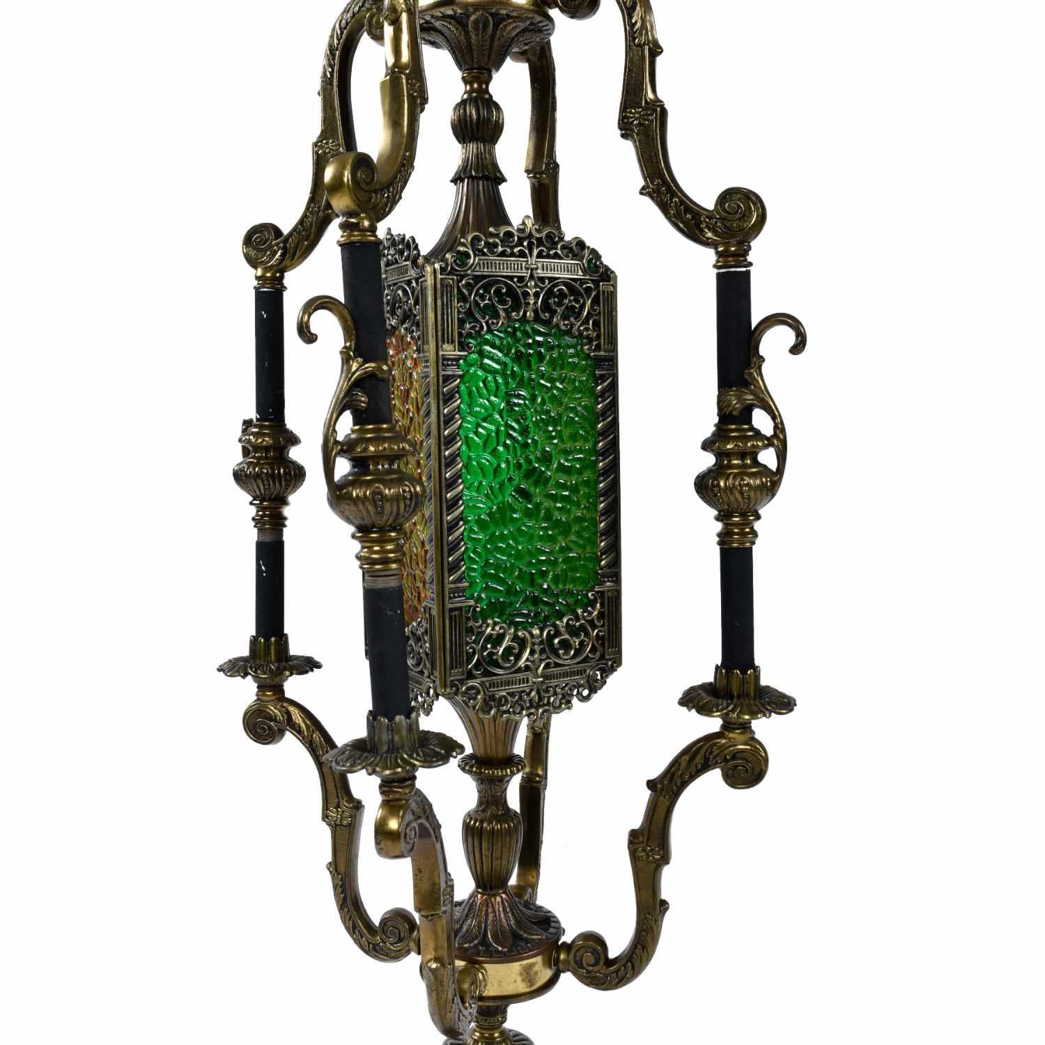 Vintage Gothic Baroque Metal Table Lamp with Orange and Green Stained Glass In Good Condition In Chattanooga, TN