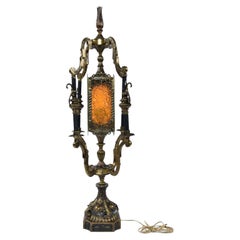 Retro Gothic Baroque Metal Table Lamp with Orange and Green Stained Glass