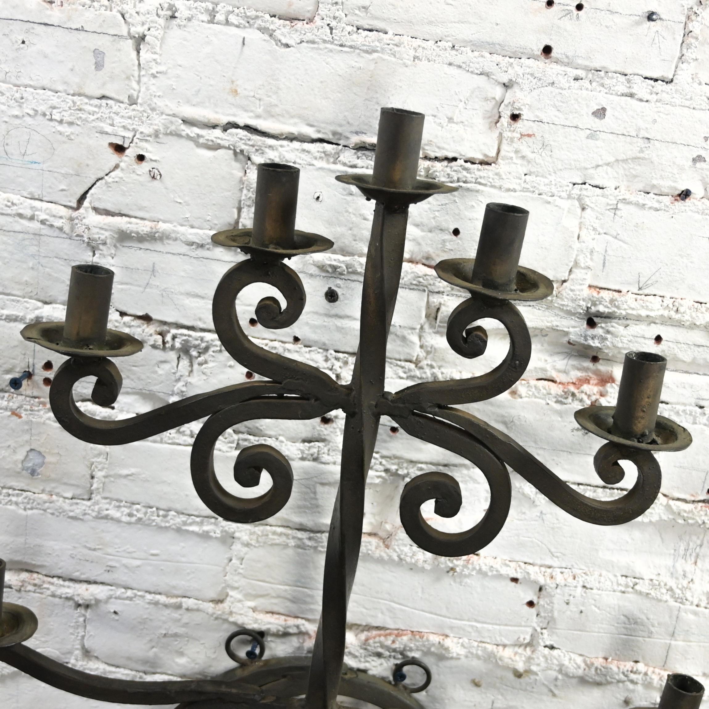 Vintage Gothic Black Wrought Iron Wall Hanging Candelabra Made in Mexico For Sale 5