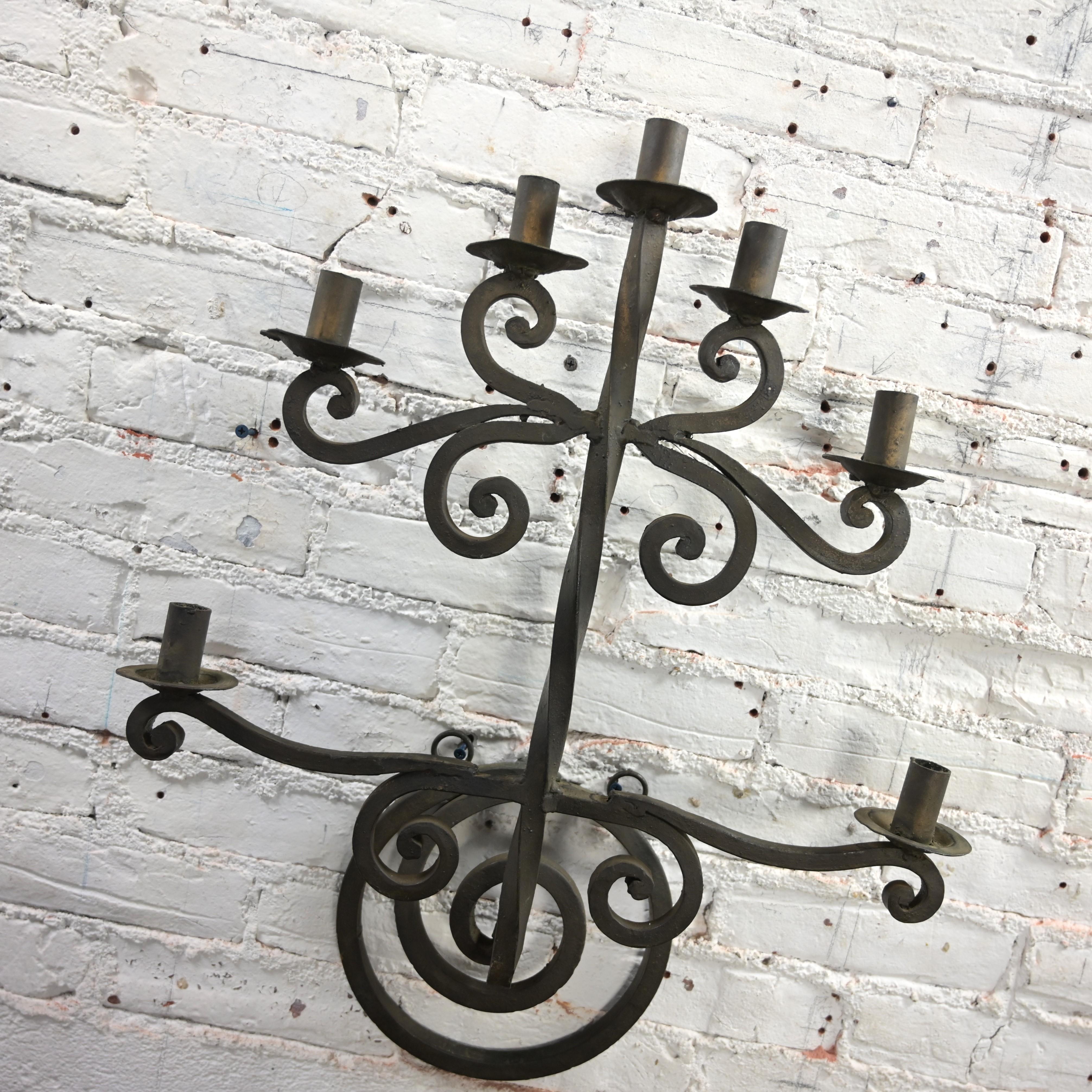 Vintage Gothic Black Wrought Iron Wall Hanging Candelabra Made in Mexico For Sale 7