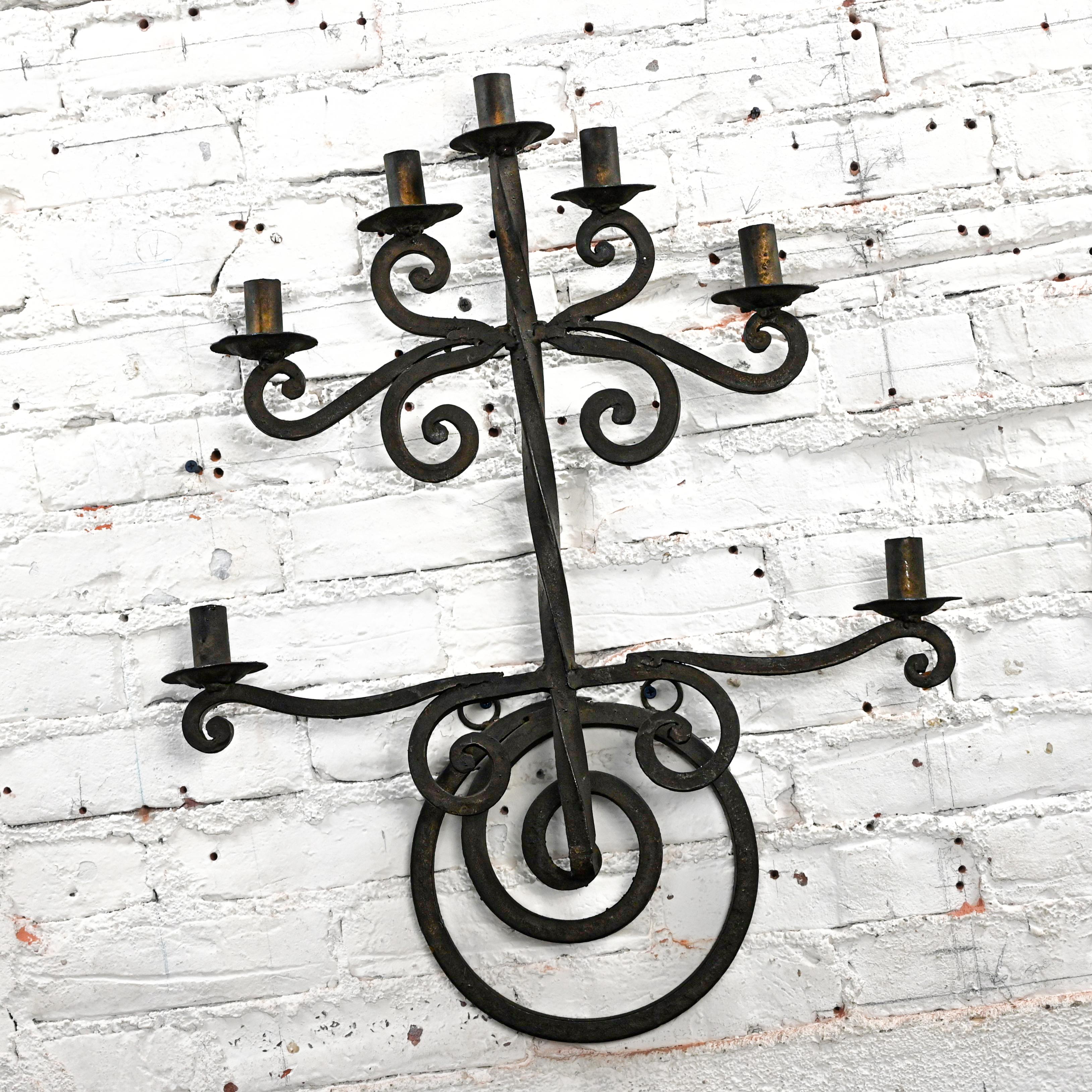 Vintage Gothic Black Wrought Iron Wall Hanging Candelabra Made in Mexico For Sale 8