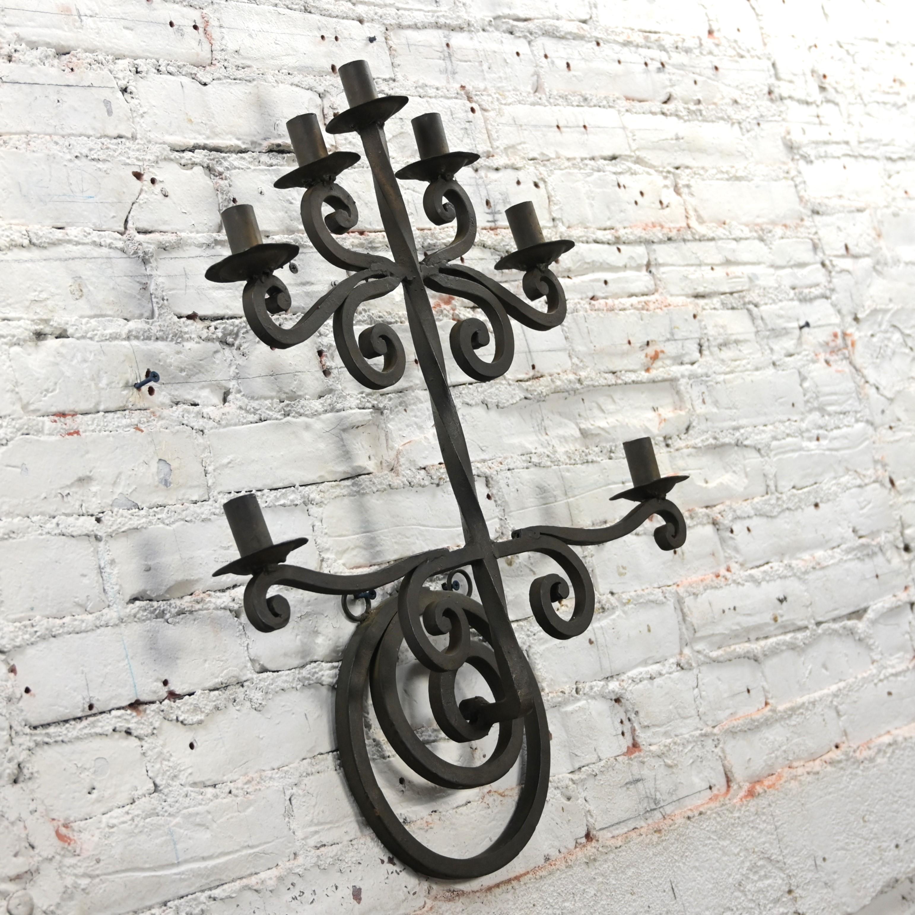 Vintage Gothic Black Wrought Iron Wall Hanging Candelabra Made in Mexico For Sale 10