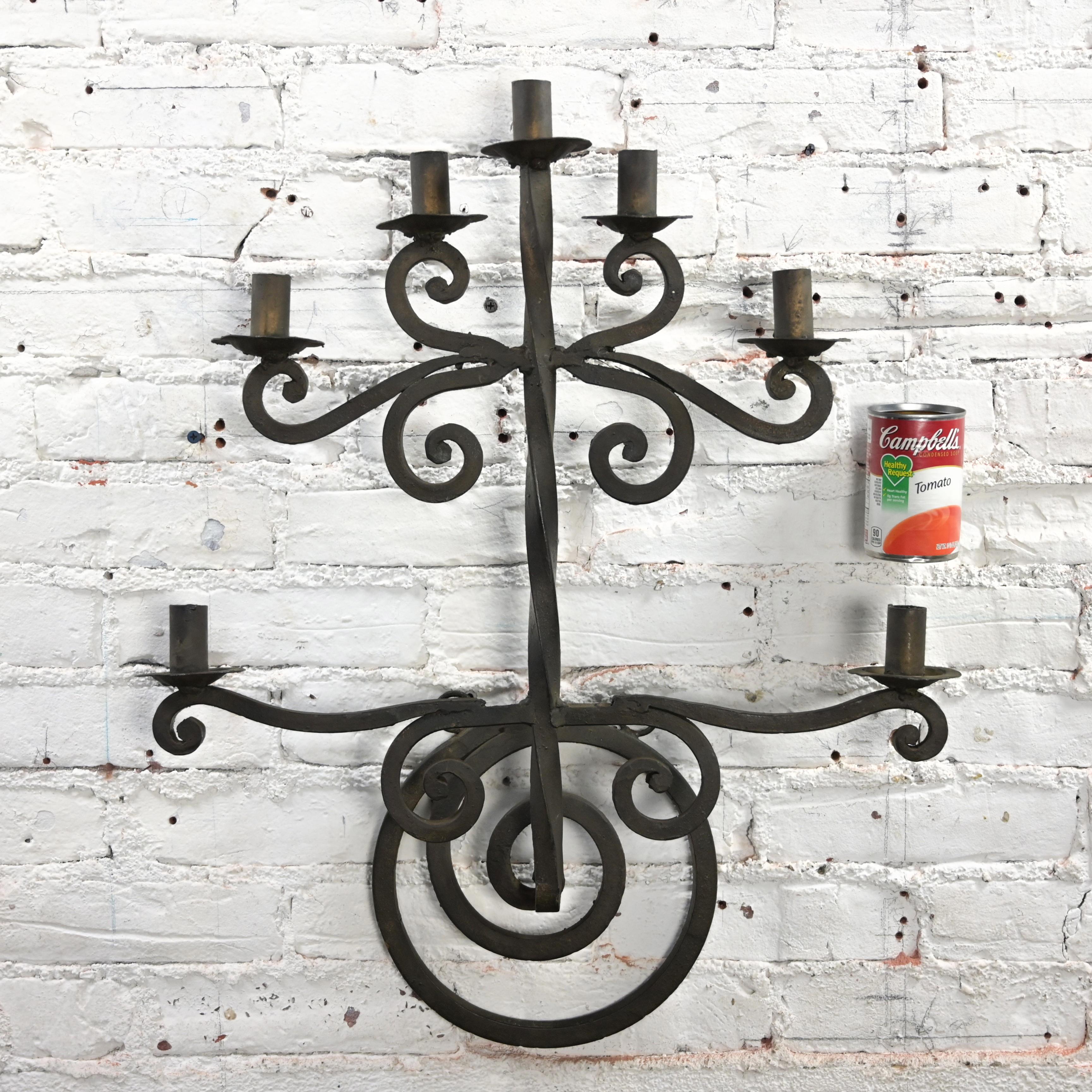 Vintage Gothic Black Wrought Iron Wall Hanging Candelabra Made in Mexico For Sale 11
