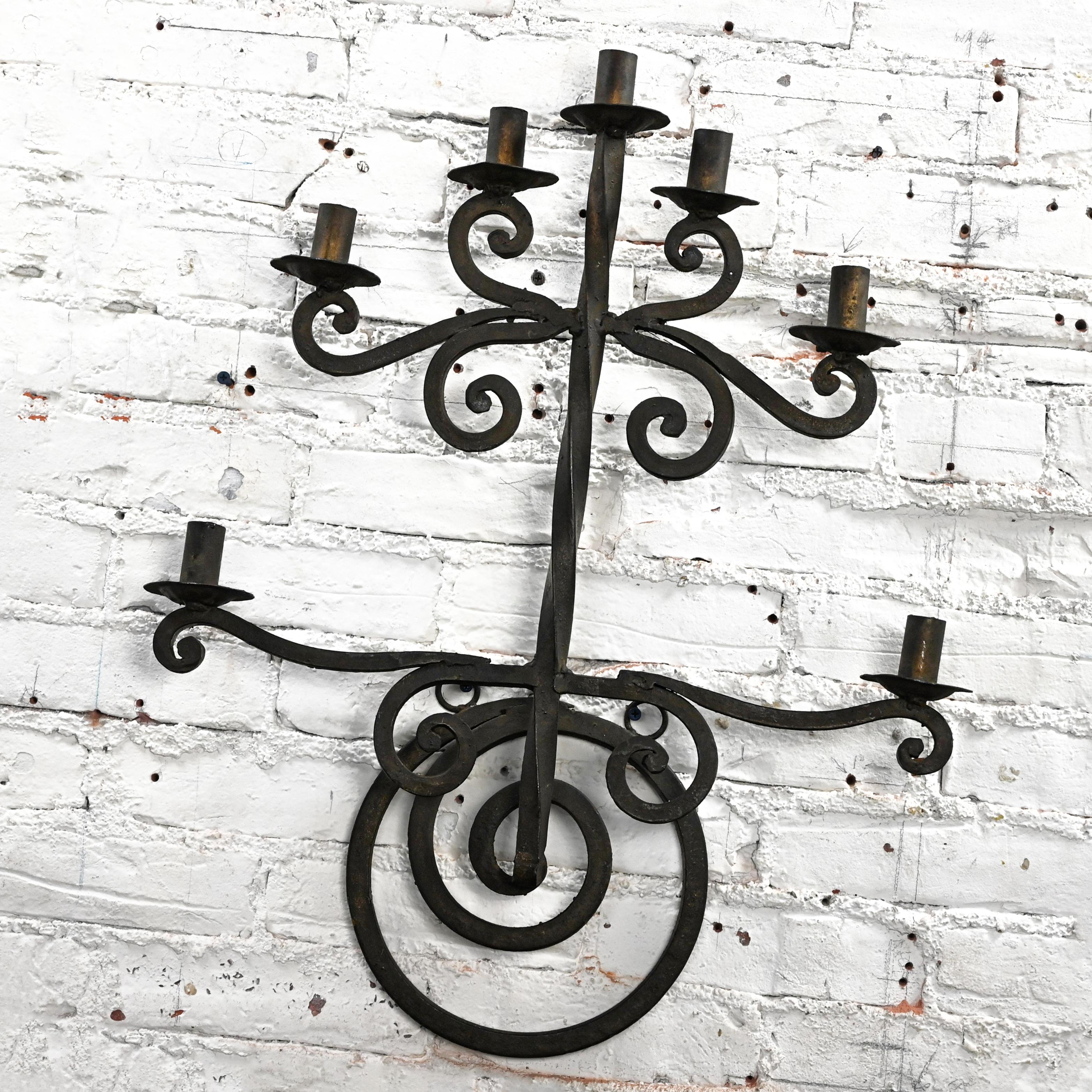 Vintage Gothic Black Wrought Iron Wall Hanging Candelabra Made in Mexico For Sale 15