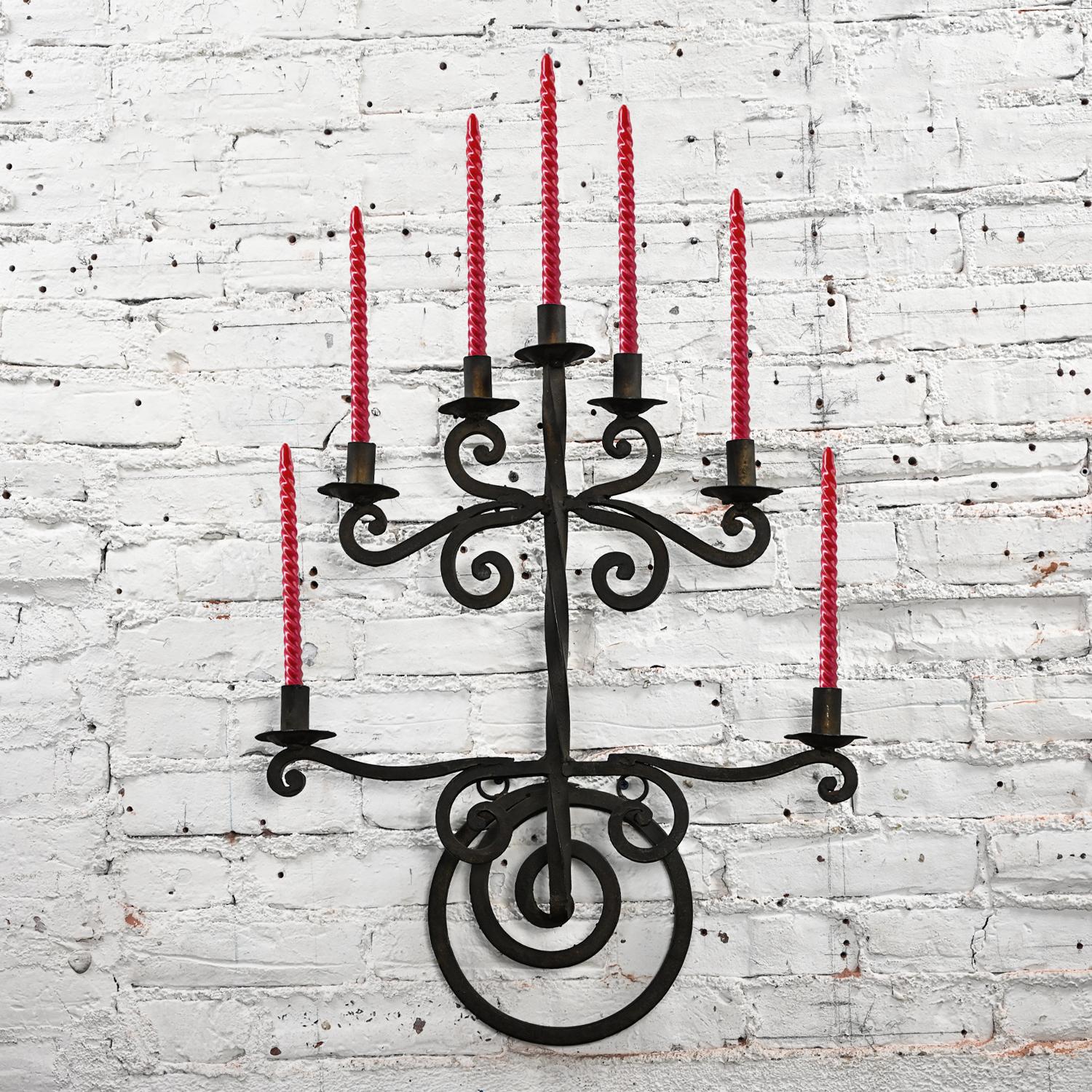 Mexican Vintage Gothic Black Wrought Iron Wall Hanging Candelabra Made in Mexico For Sale