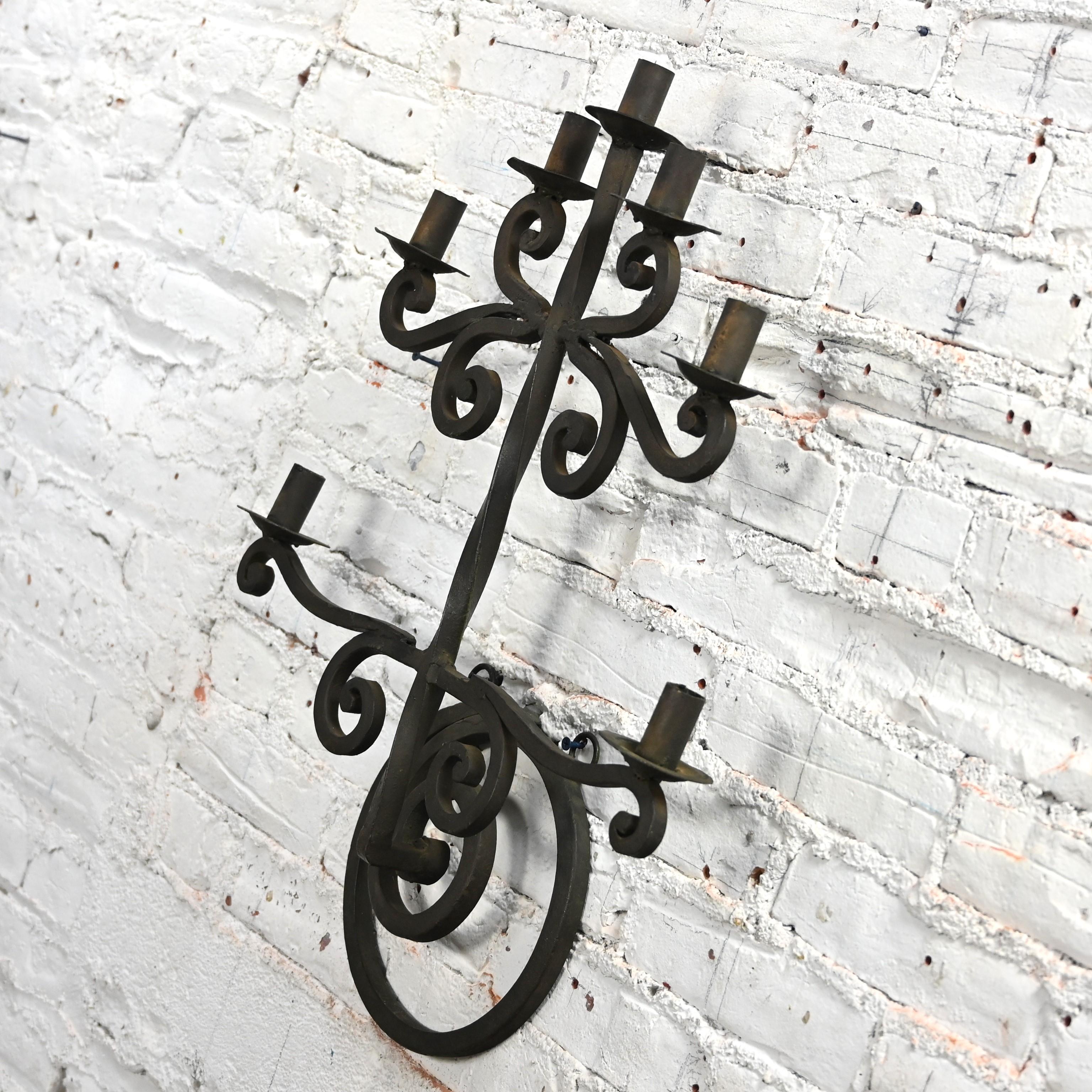 Vintage Gothic Black Wrought Iron Wall Hanging Candelabra Made in Mexico For Sale 1