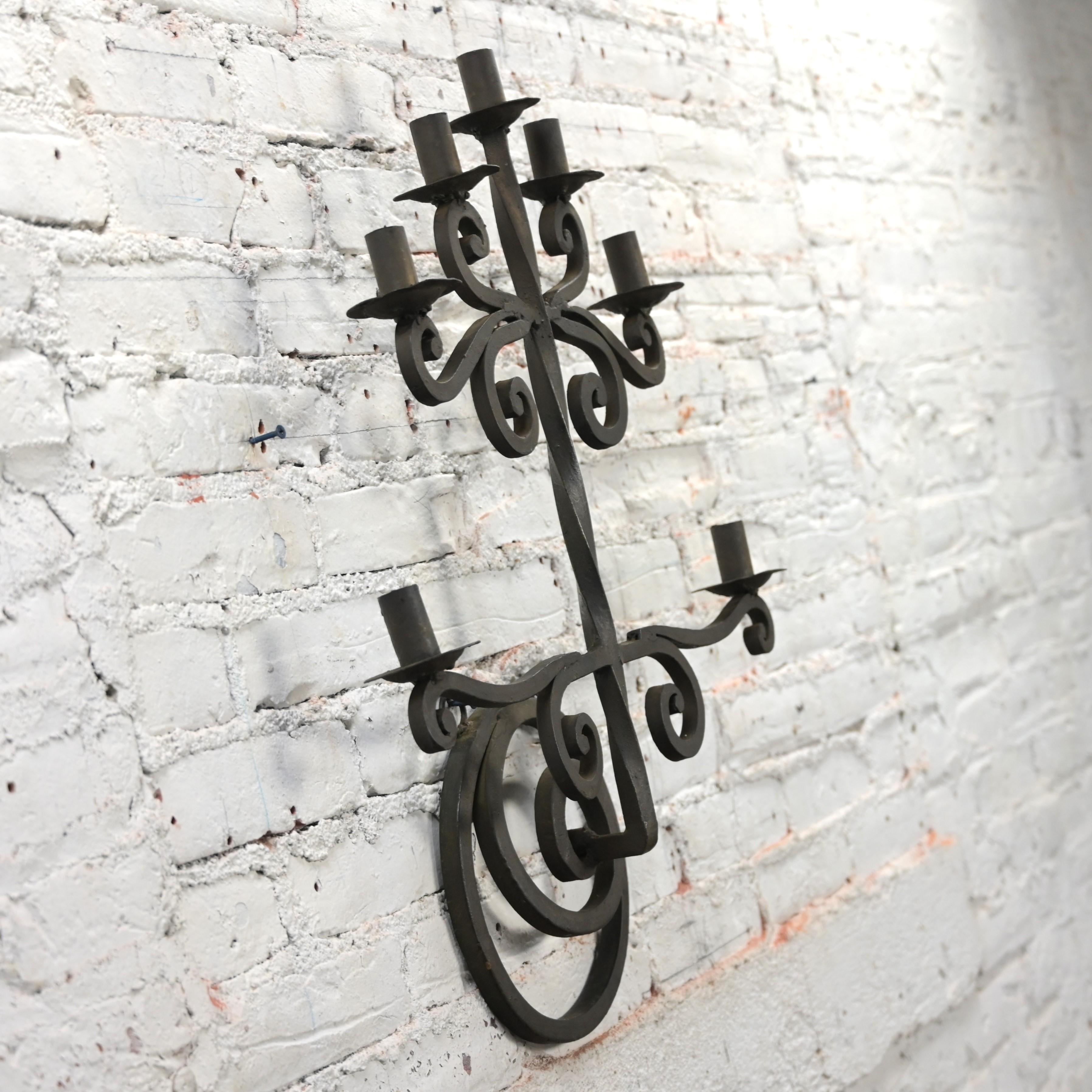Vintage Gothic Black Wrought Iron Wall Hanging Candelabra Made in Mexico For Sale 3