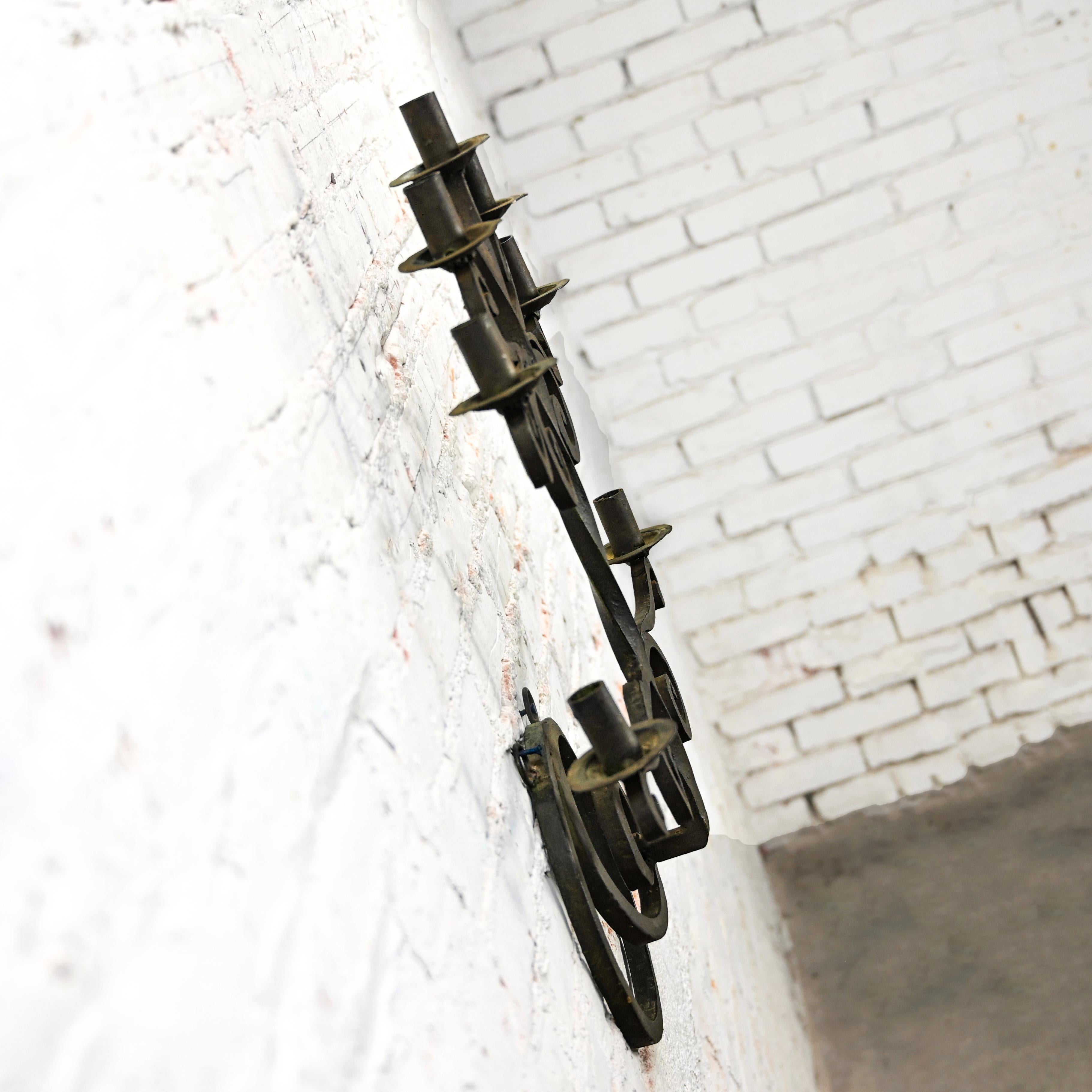 Vintage Gothic Black Wrought Iron Wall Hanging Candelabra Made in Mexico For Sale 4