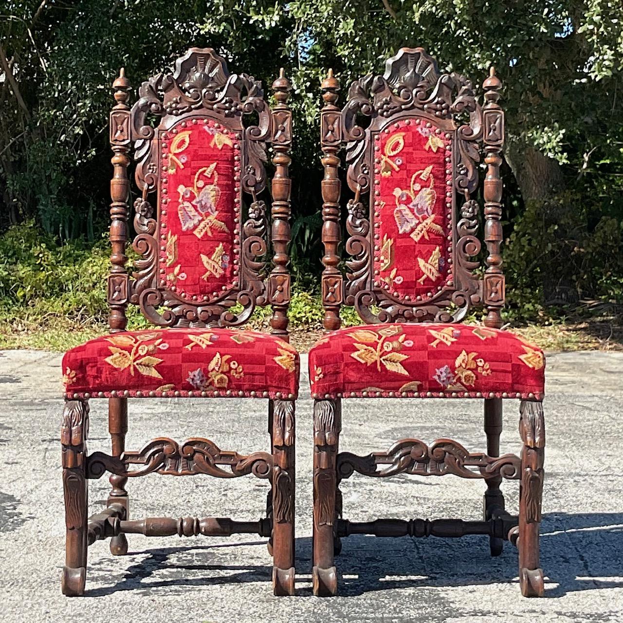 Regency Vintage Gothic Carved Wood Dining Chairs - a Pair For Sale