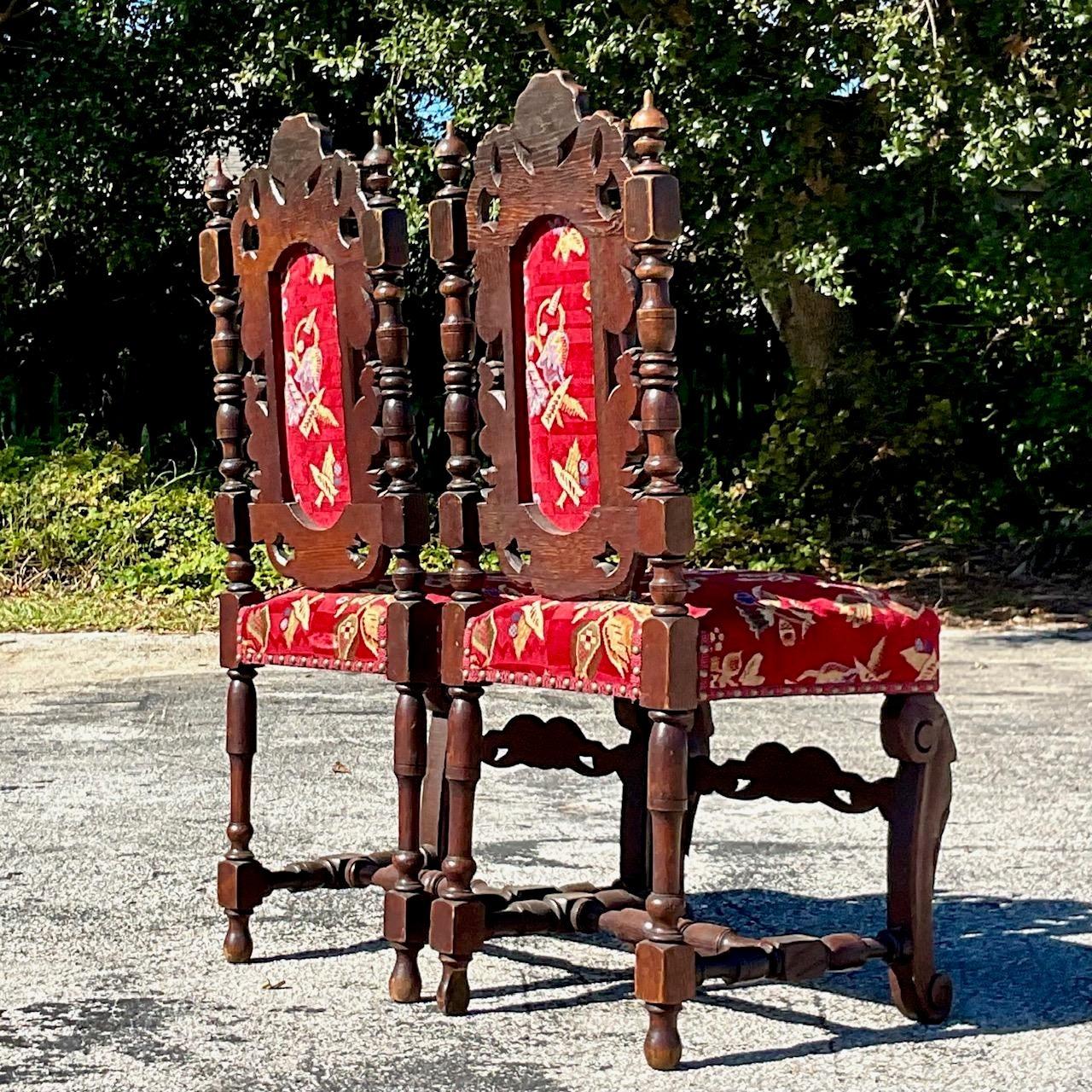 20th Century Vintage Gothic Carved Wood Dining Chairs - a Pair For Sale