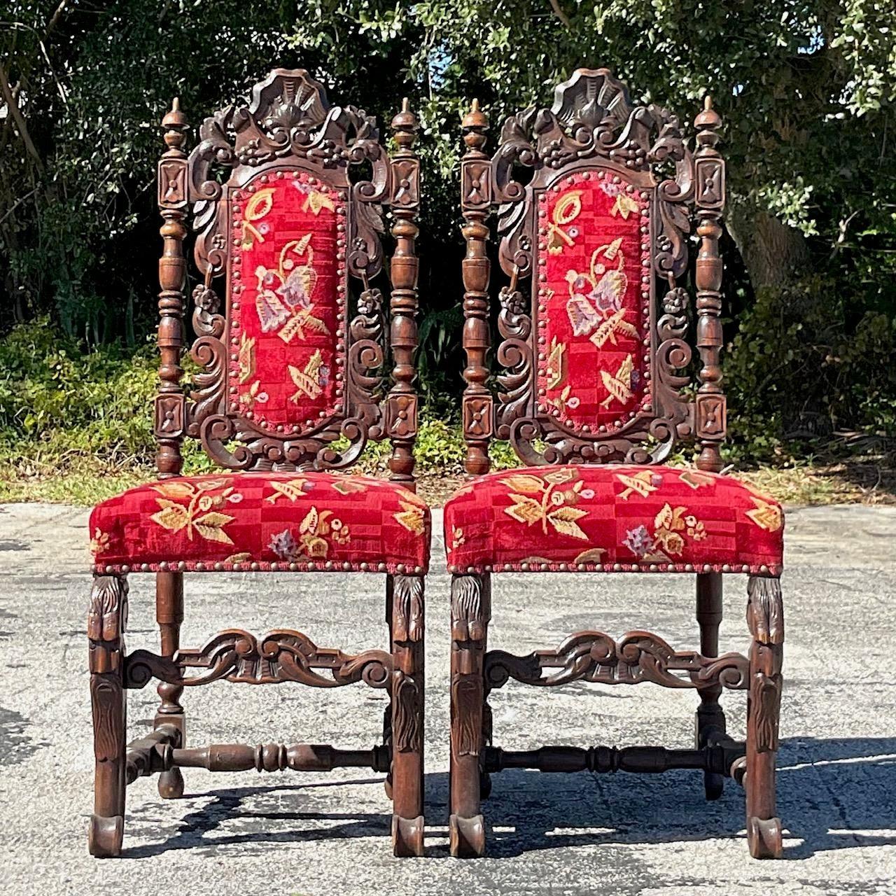 Vintage Gothic Carved Wood Dining Chairs - a Pair For Sale 1