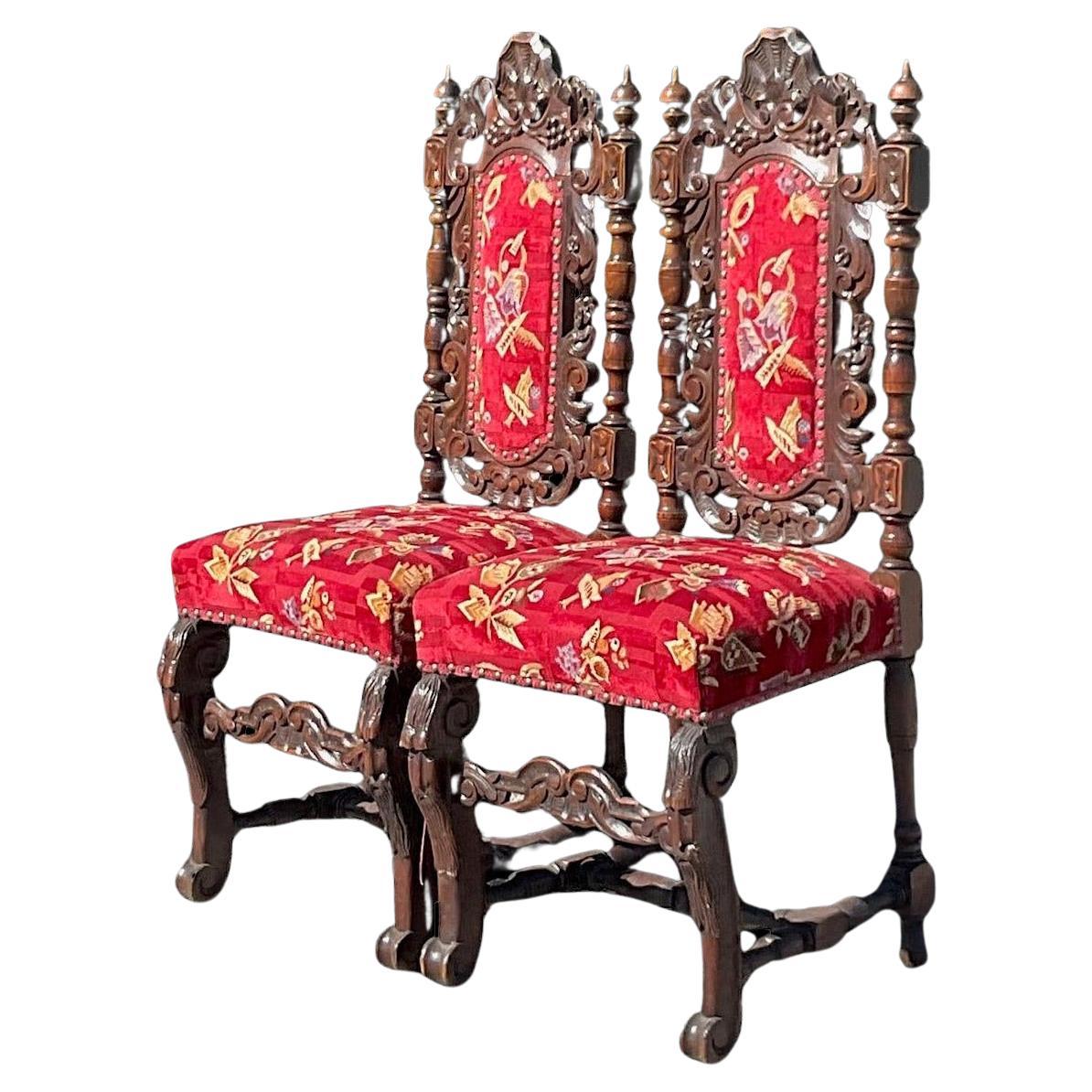 Vintage Gothic Carved Wood Dining Chairs - a Pair