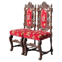 Antique Gothic Carved Wood Dining Chairs - a Pair