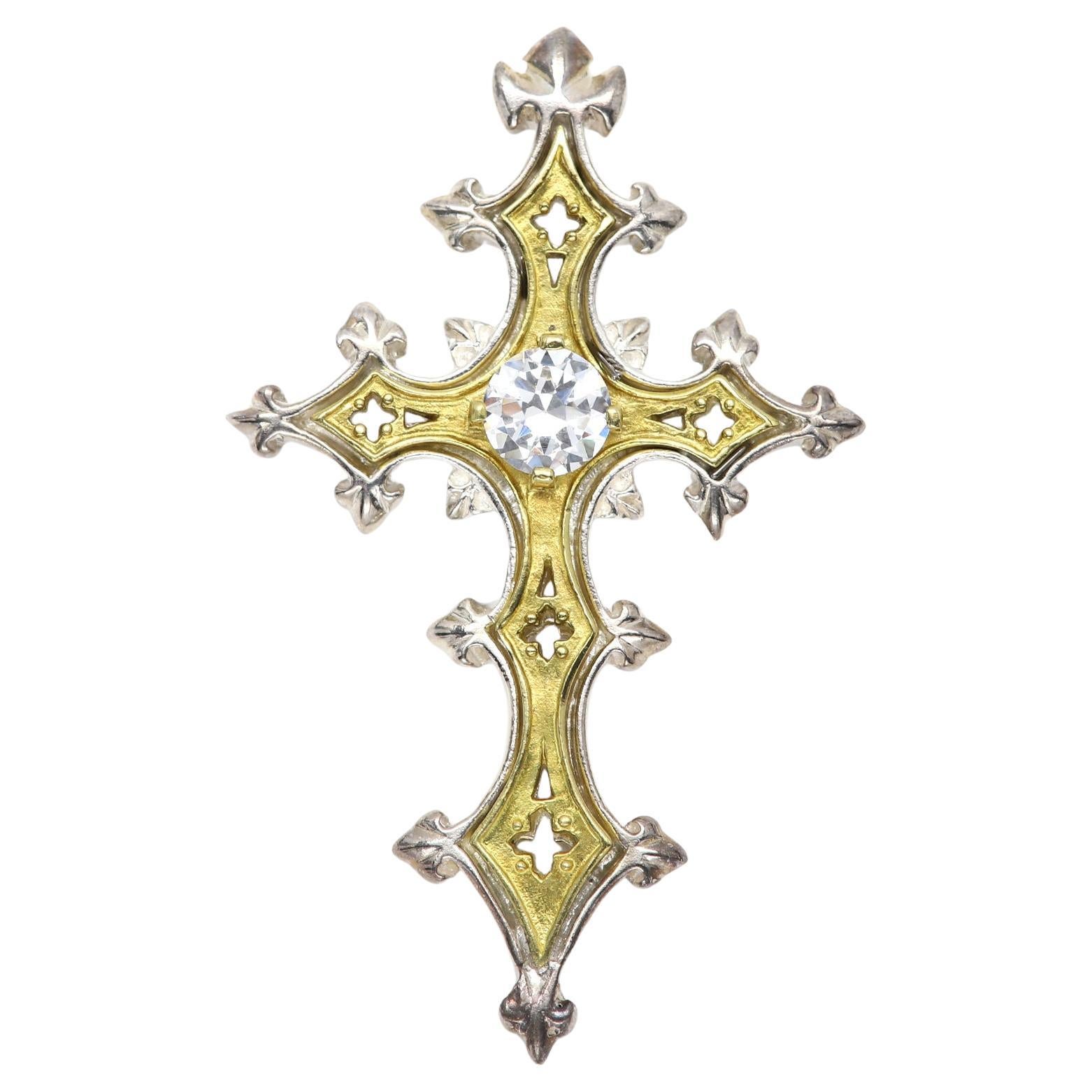 Vintage Gothic Cross Sterling Silver 925 & Brass Artistic Cross