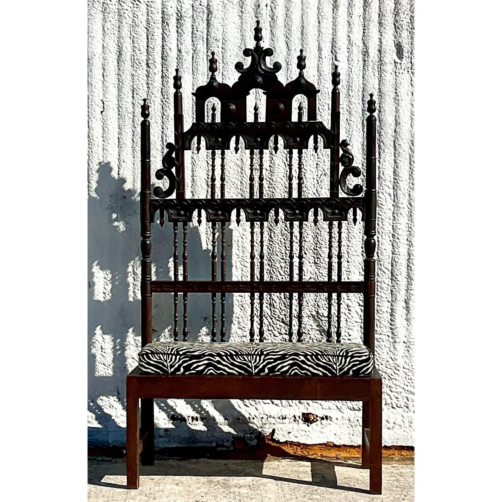 North American Vintage Gothic Hand Carved High Back Bench