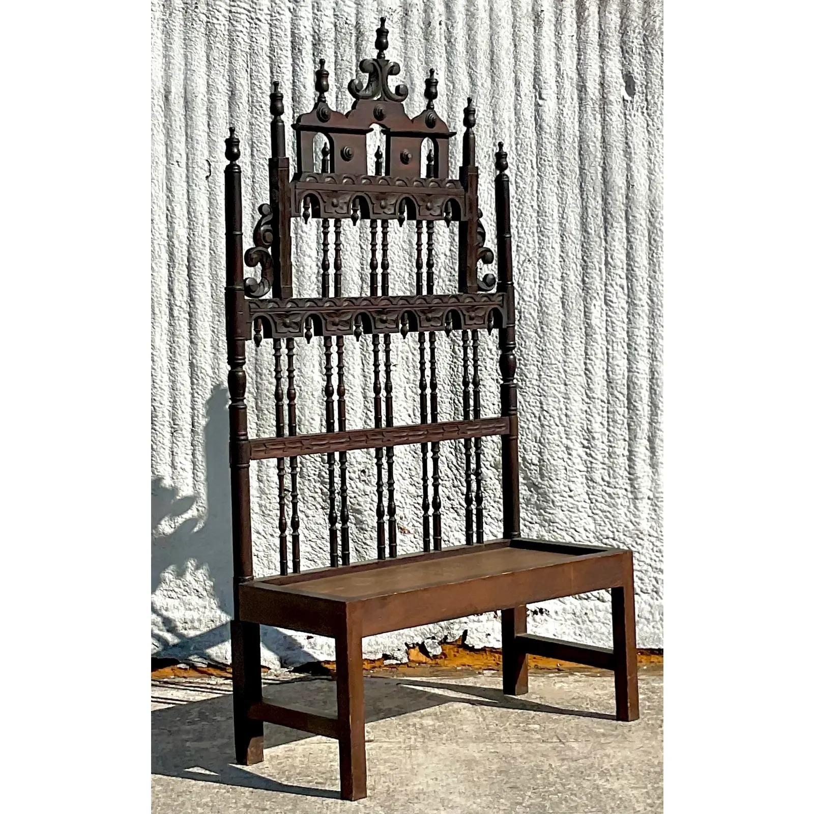Vintage Gothic Hand Carved High Back Bench In Good Condition In west palm beach, FL