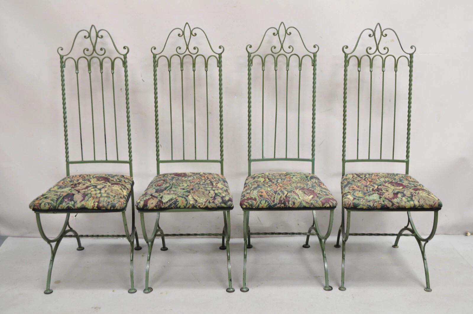 Vintage Gothic Hollywood Regency Style Green Wrought Iron Dining Chairs - Set of 4. Circa Mid 20th Century. Dimensions : 46