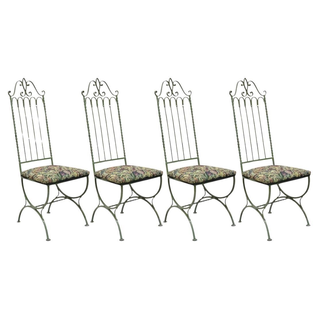 Vintage Gothic Hollywood Regency Style Green Wrought Iron Dining Chairs Set of 4